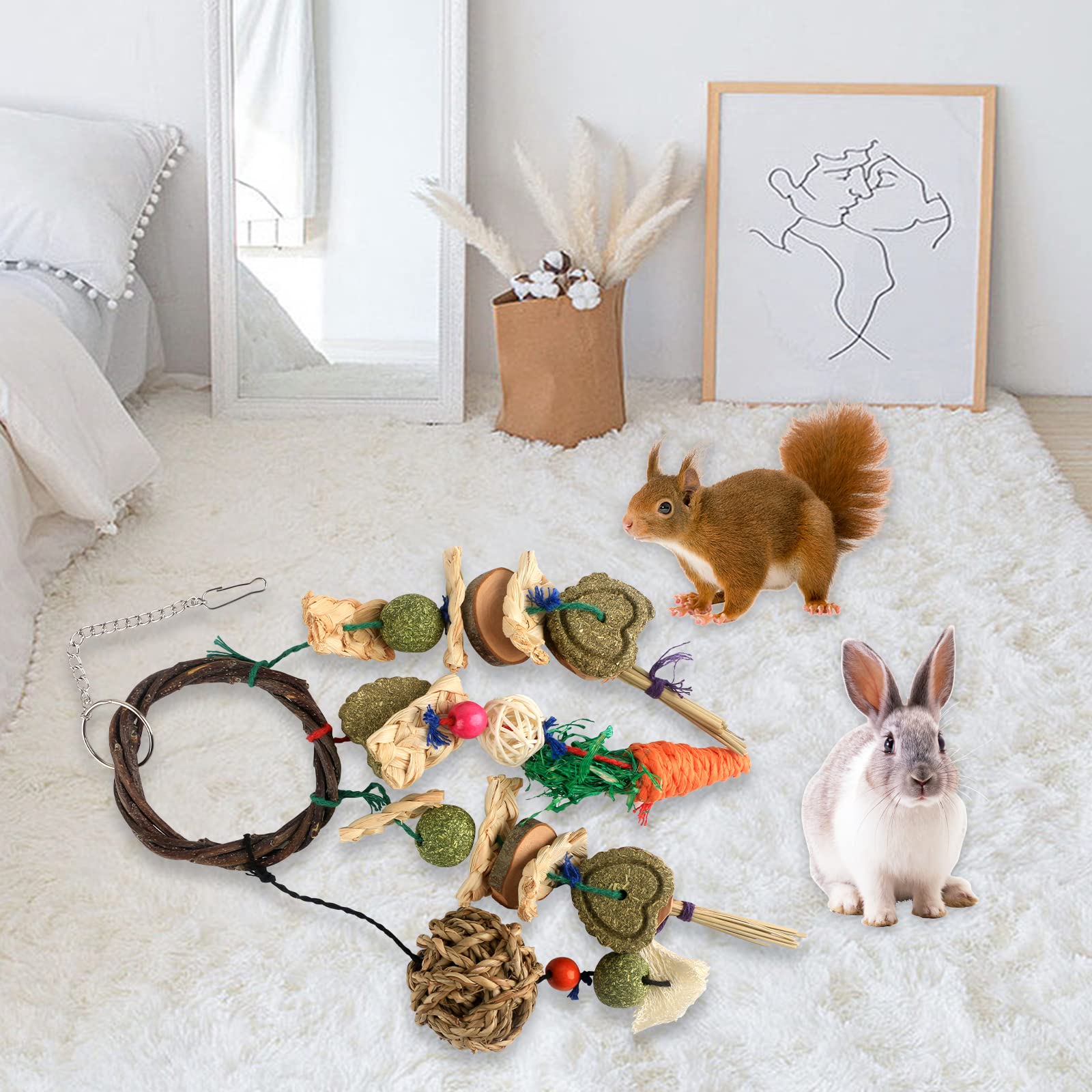 HOSUKKO 2PCS Rabbit Chew Toys for Small Pets - Bunny Guinea Pig Teeth Grinding Toys, Dental Health Molar Tool for Rabbits, Hamsters & Small Animals - Hanging Chew Toys for Play & Teeth Care - Perfect for Cage Entertainment & Dental Hygiene