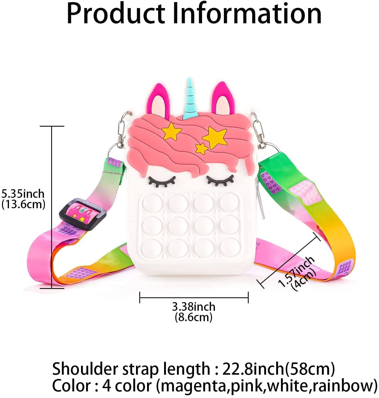 KOBBET® Unicorn Pop It Fidget Sling Bag - Adjustable Crossbody Shoulder Pouch for Girls, Stress Relief Travel Storage with Zipper Closure (White) - Perfect for School, Travel, and Sensory Play