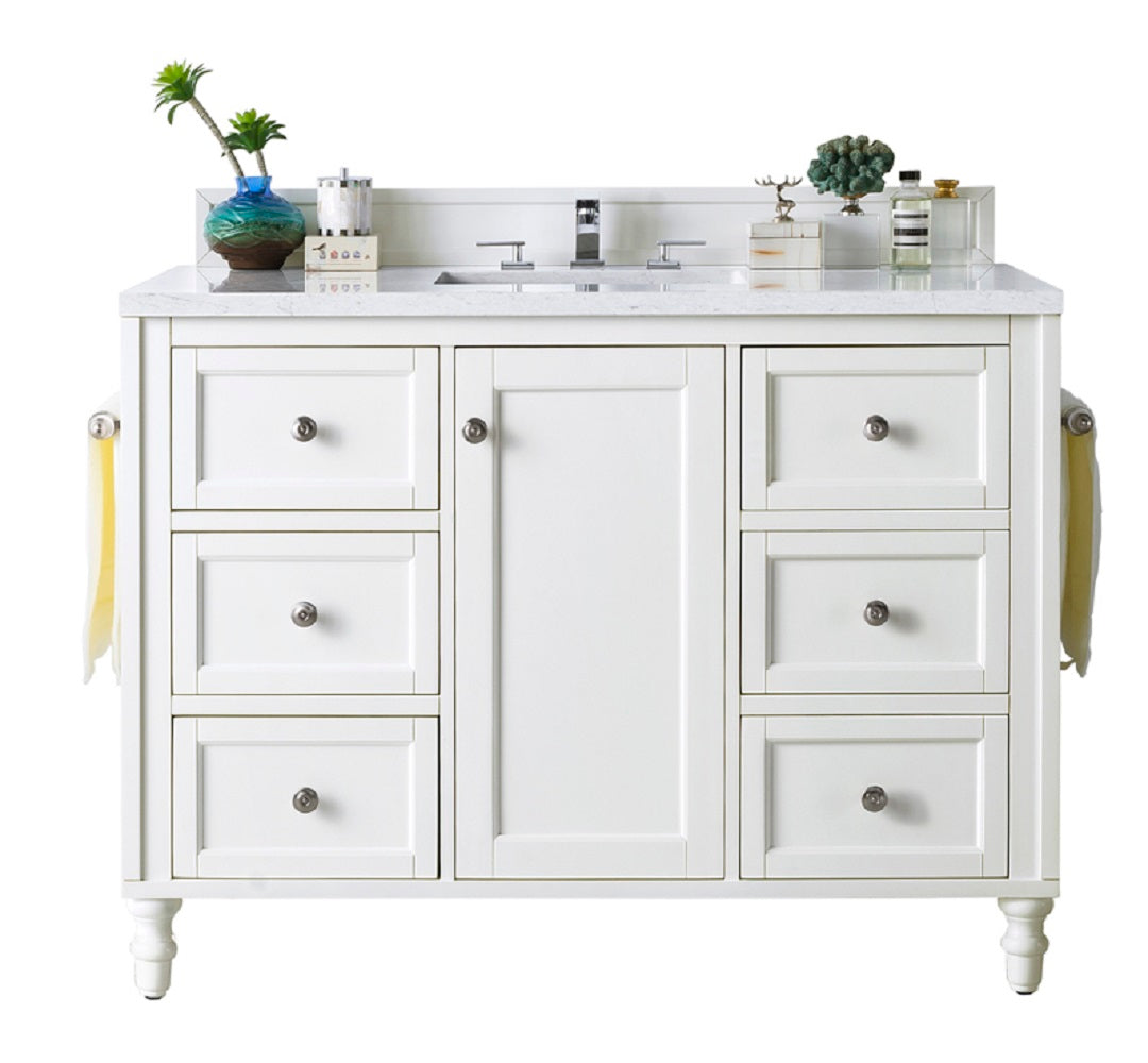 Copper Cove Encore 48 Inch Single Bathroom Vanity Set with Eternal Jasmine Pearl Quartz Top - Bright White Finish - Perfect for Modern Master Bathrooms and Powder Rooms