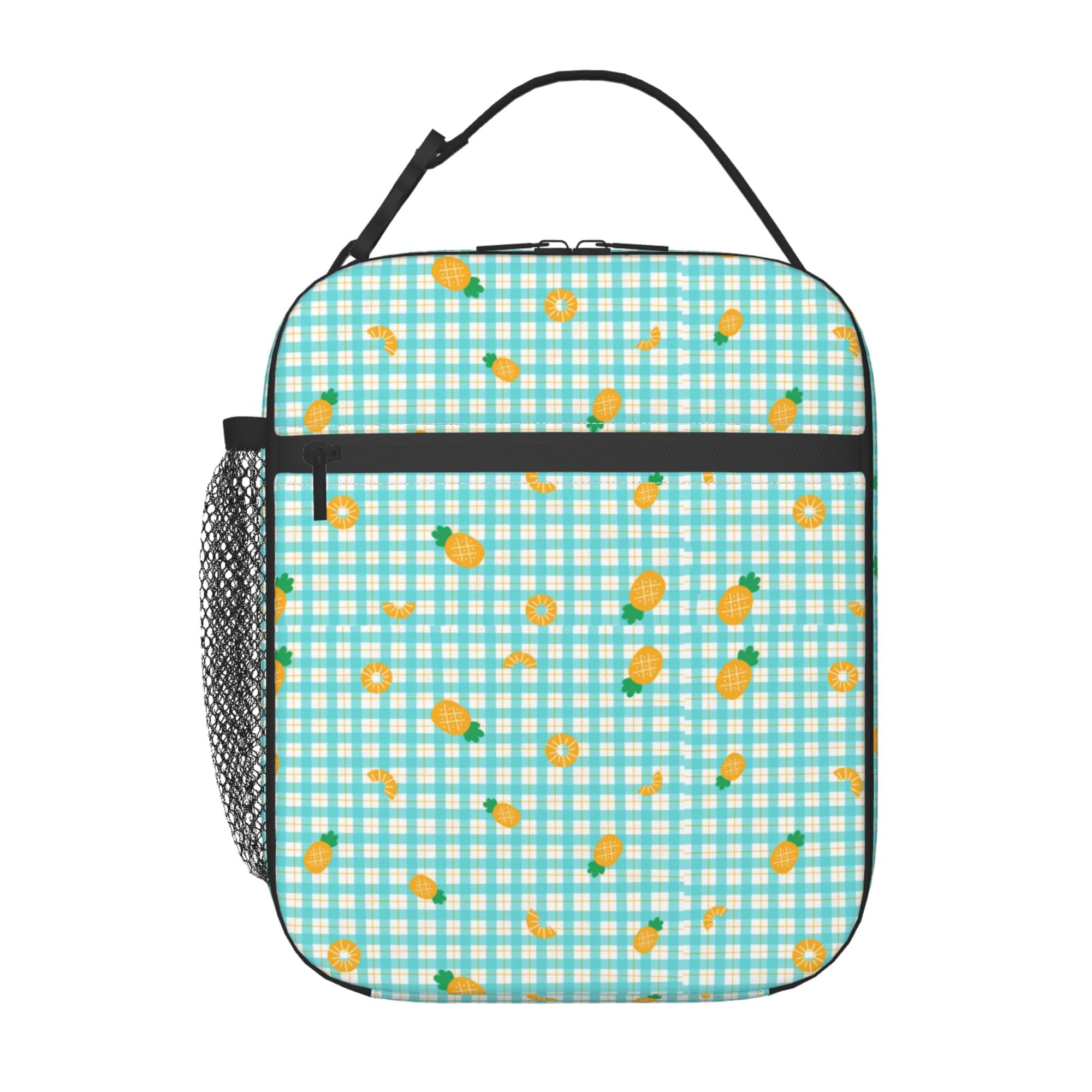 Pastel Blue Pineapple Gingham Insulated Lunch Bag for Women & Men - Reusable Zipper Lunch Tote, Portable Meal Prep Cooler Box for Work, Office, School, Picnic, Camping & Outdoor Activities