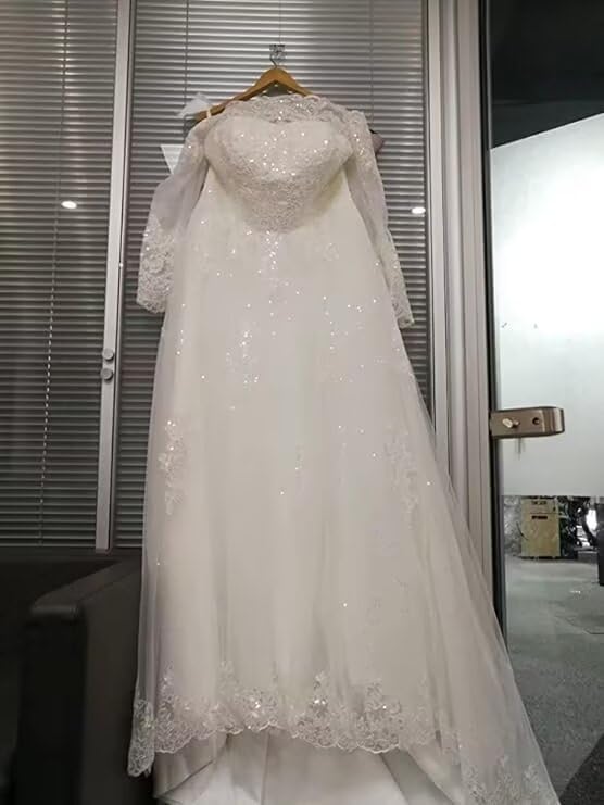 XYAYE Off Shoulder Lace Sequins Wedding Dress for Bride - Long Sleeve Beach Bridal Gown with Elegant Embroidery | Perfect for Summer Beach Weddings, Vow Renewals & Romantic Photoshoots