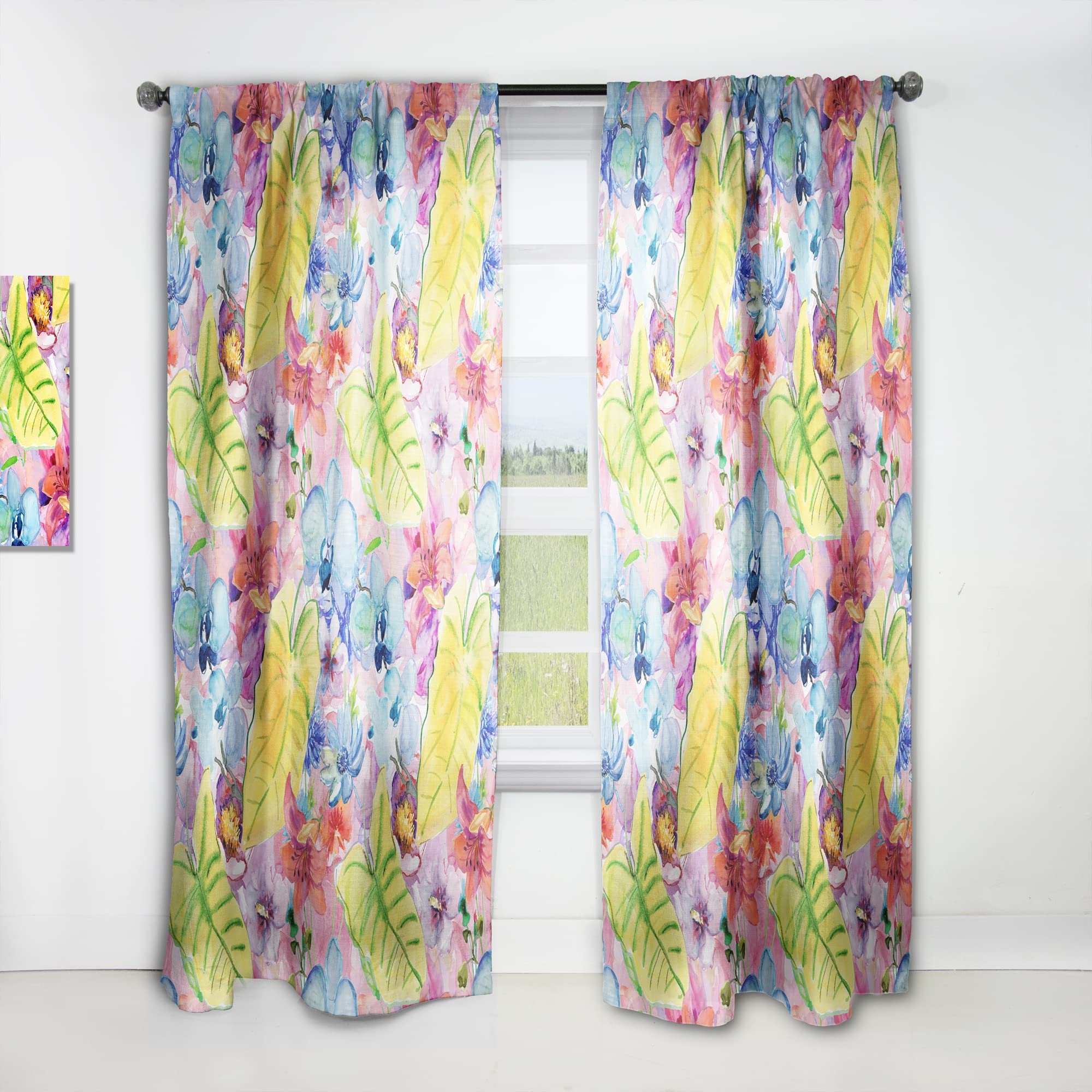 Tropical Yellow Leaves Blue Red Flowers Thermal Insulated Curtains - Single Panel 52x63 Inches - Perfect for Bedroom & Living Room Window Decor
