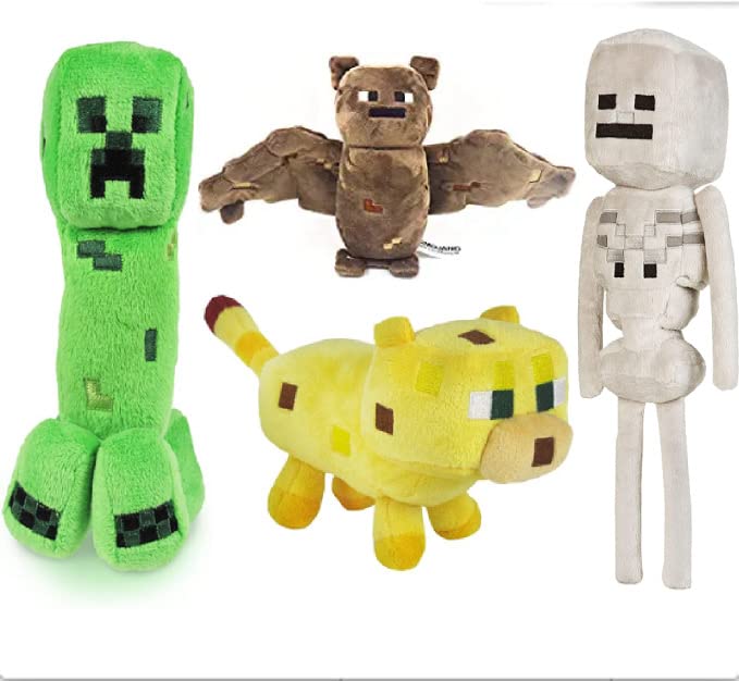 Creeper Plush Toy, Yellow Ocelot Soft Plush, Bat Plush & White Skeleton Stuffed Animal - Minecraft Inspired Game Character Plushies for Kids, Collectors & Gifts - Perfect for Birthday, Cosplay & Home Decor
