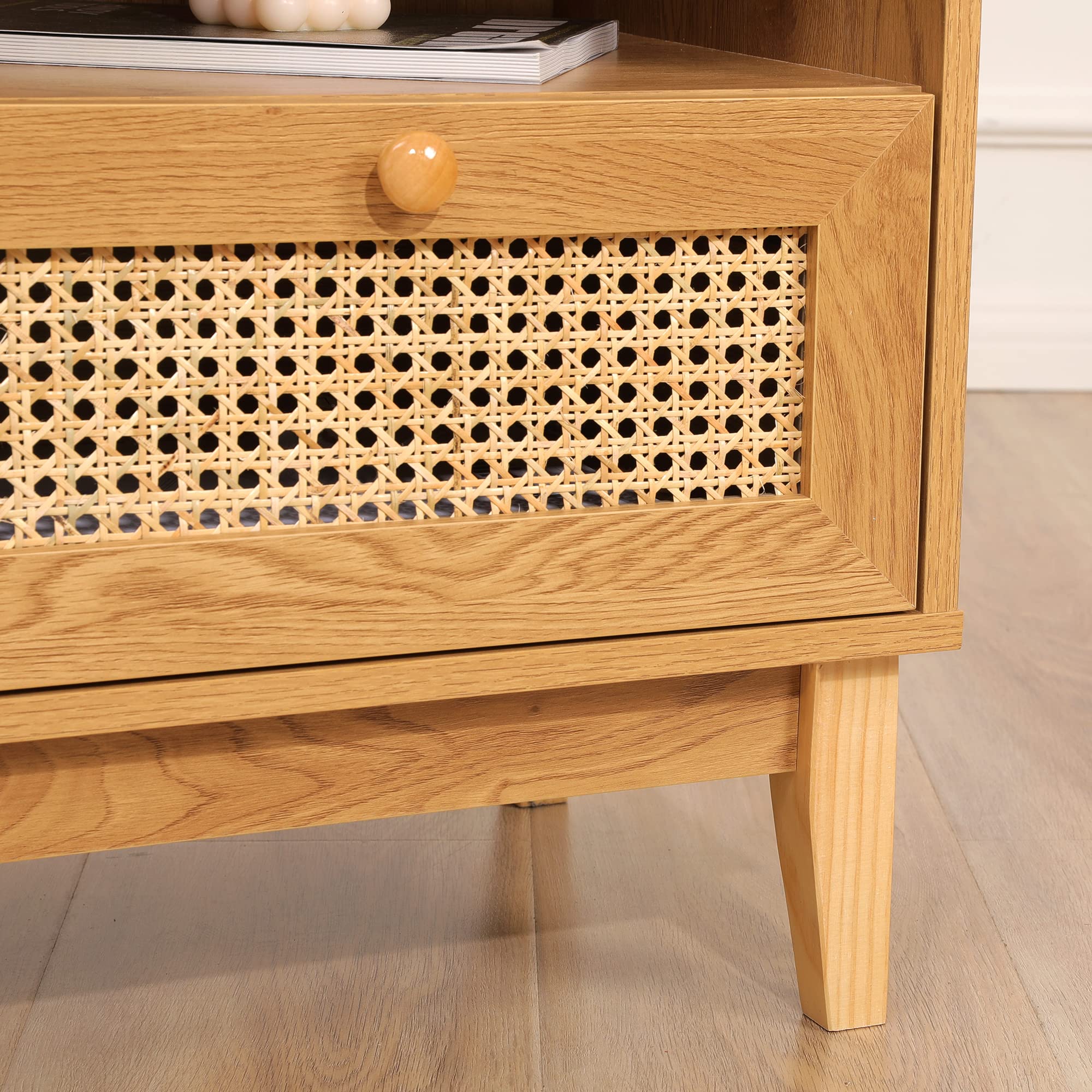 Rattan Nightstand Set of 2 - Boho Bedside Tables with Open Shelf & Drawers for Bedroom Decor - Perfect for Small Spaces, Guest Rooms, and Modern Farmhouse Style