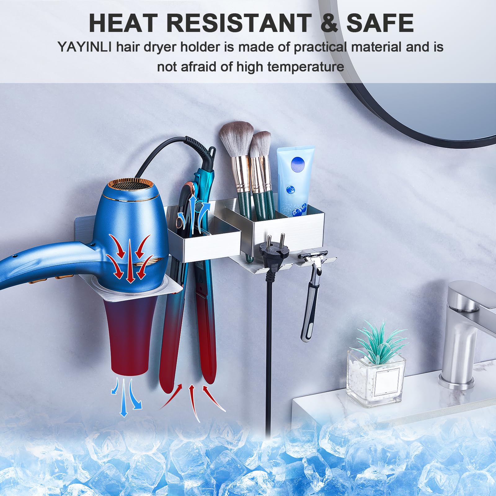 Wall Mounted Hair Straightener & Blow Dryer Holder - Stainless Steel Hair Tools Organizer with Plug Hook for Bathroom & Salon | Perfect for Hair Styling, Drying & Storage Organization