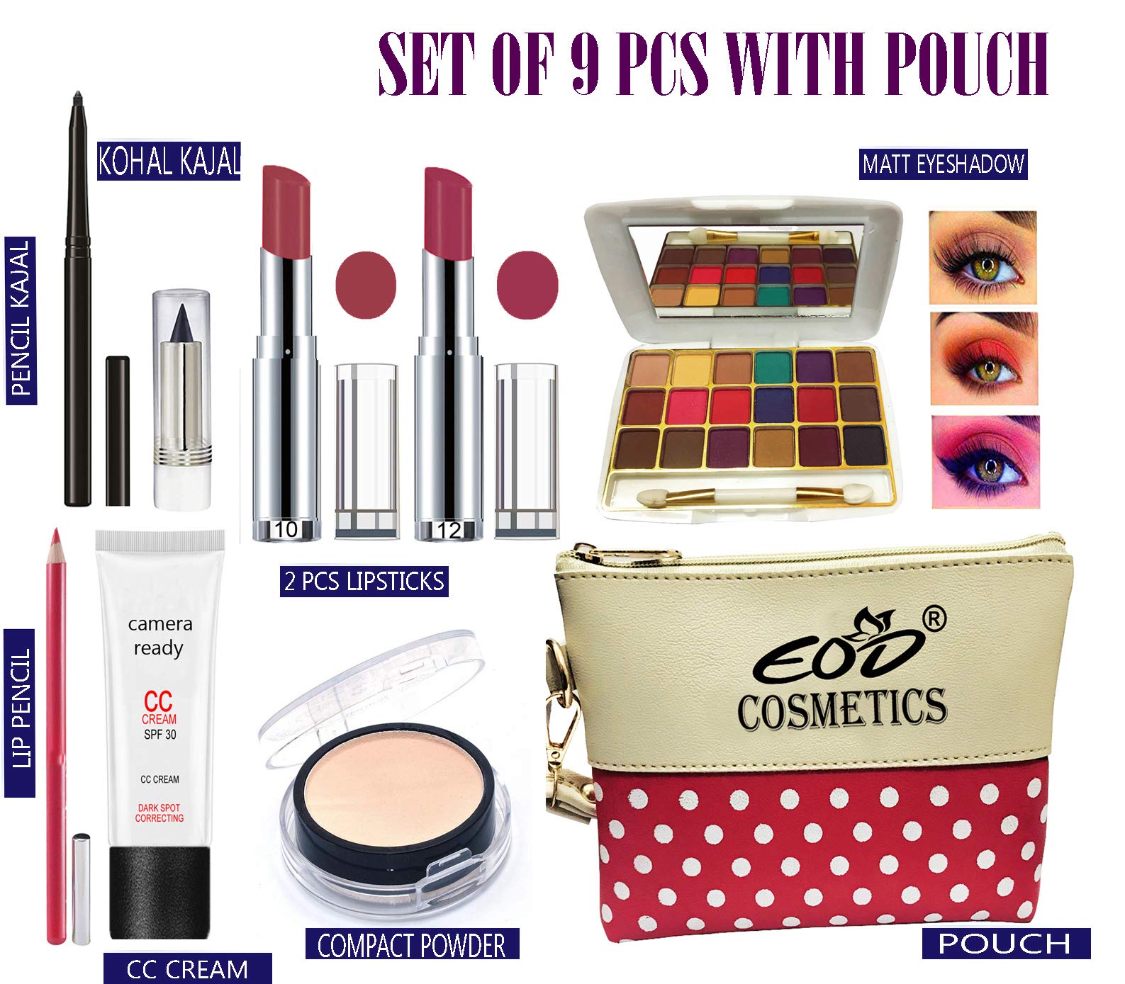 Premium 9-Piece Makeup Kit for Women - Complete Cosmetic Set with Travel Pouch | Perfect for Everyday Use, Bridal Makeup & On-The-Go Touchups (A41)