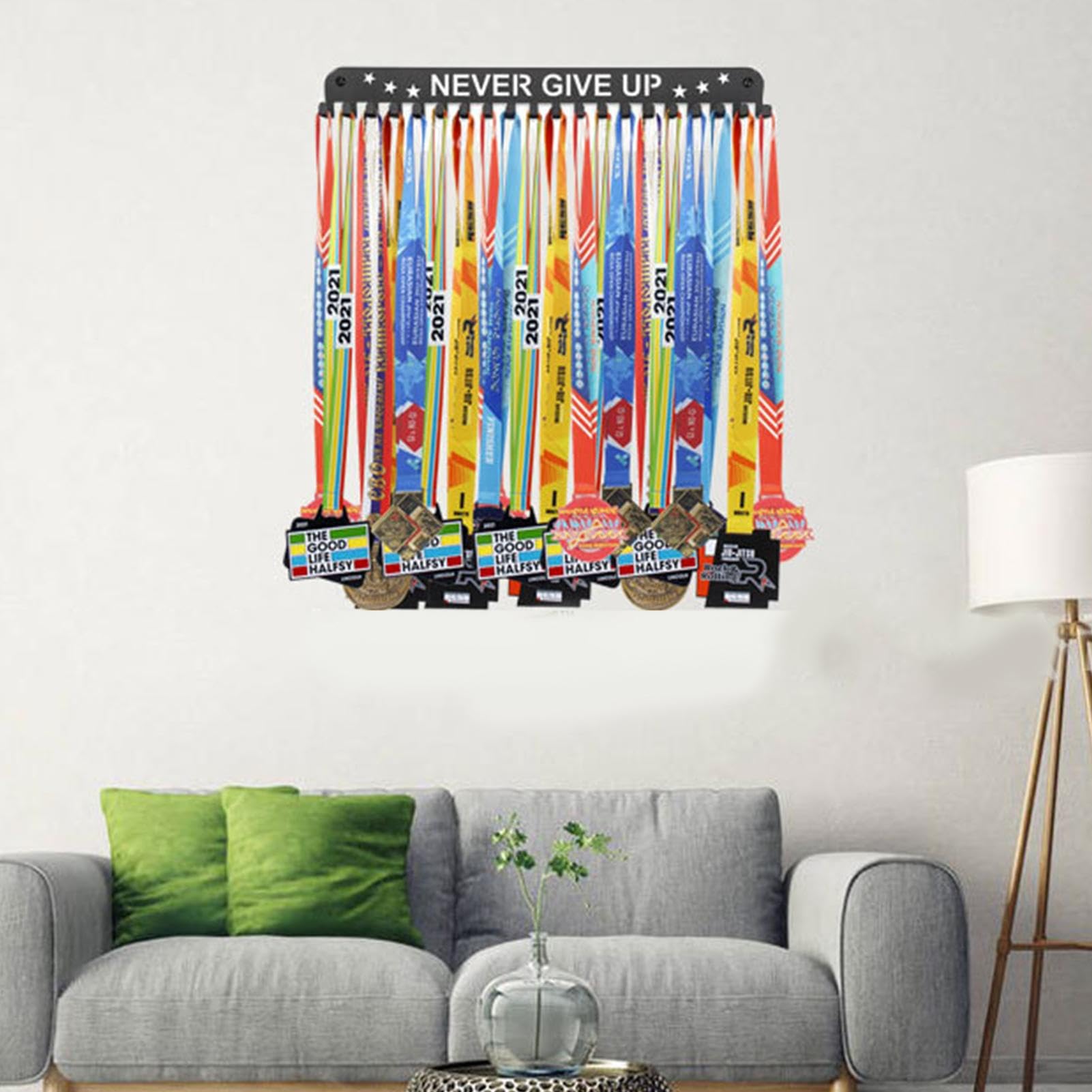 Premium Award Ribbon Display Rack & Medal Holder - Durable Iron Trophy Shelf for Wall Mounting | Perfect for Sports Medals, Academic Awards & Never Give Up Motivation Displays - Ideal for Trophy Rooms, Offices & Gym Decor