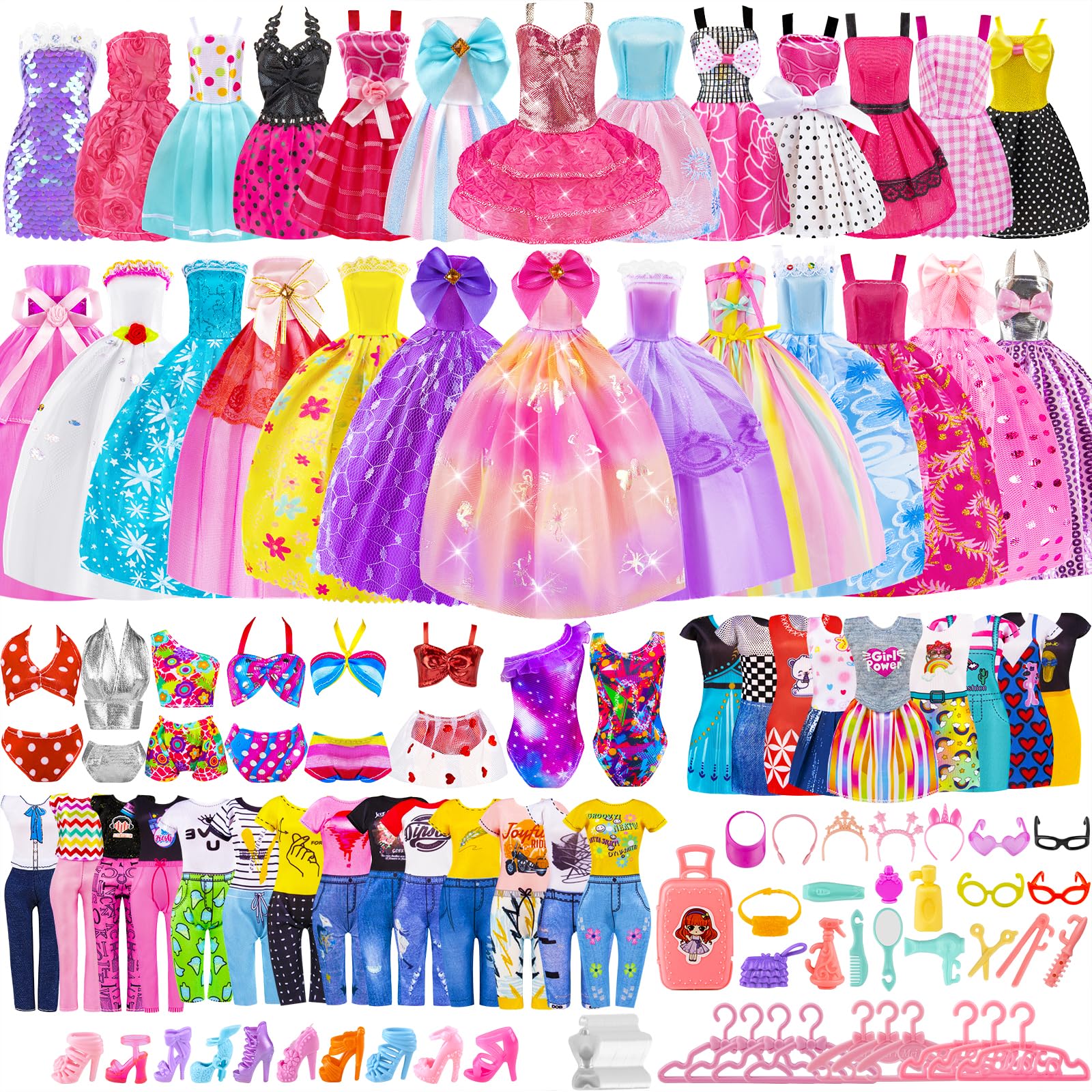 110 Pcs Doll Clothes & Accessories Set - Wedding & Casual Outfits for Girls' Doll Play