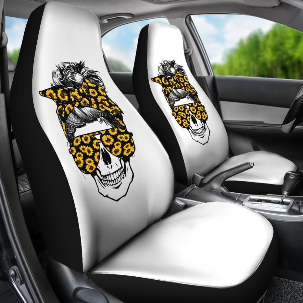 Stylish Skull with Glasses & Bandana Sunflower Car Seat Covers - Perfect for Gothic, Biker & Unique Car Interior Decor (212101)