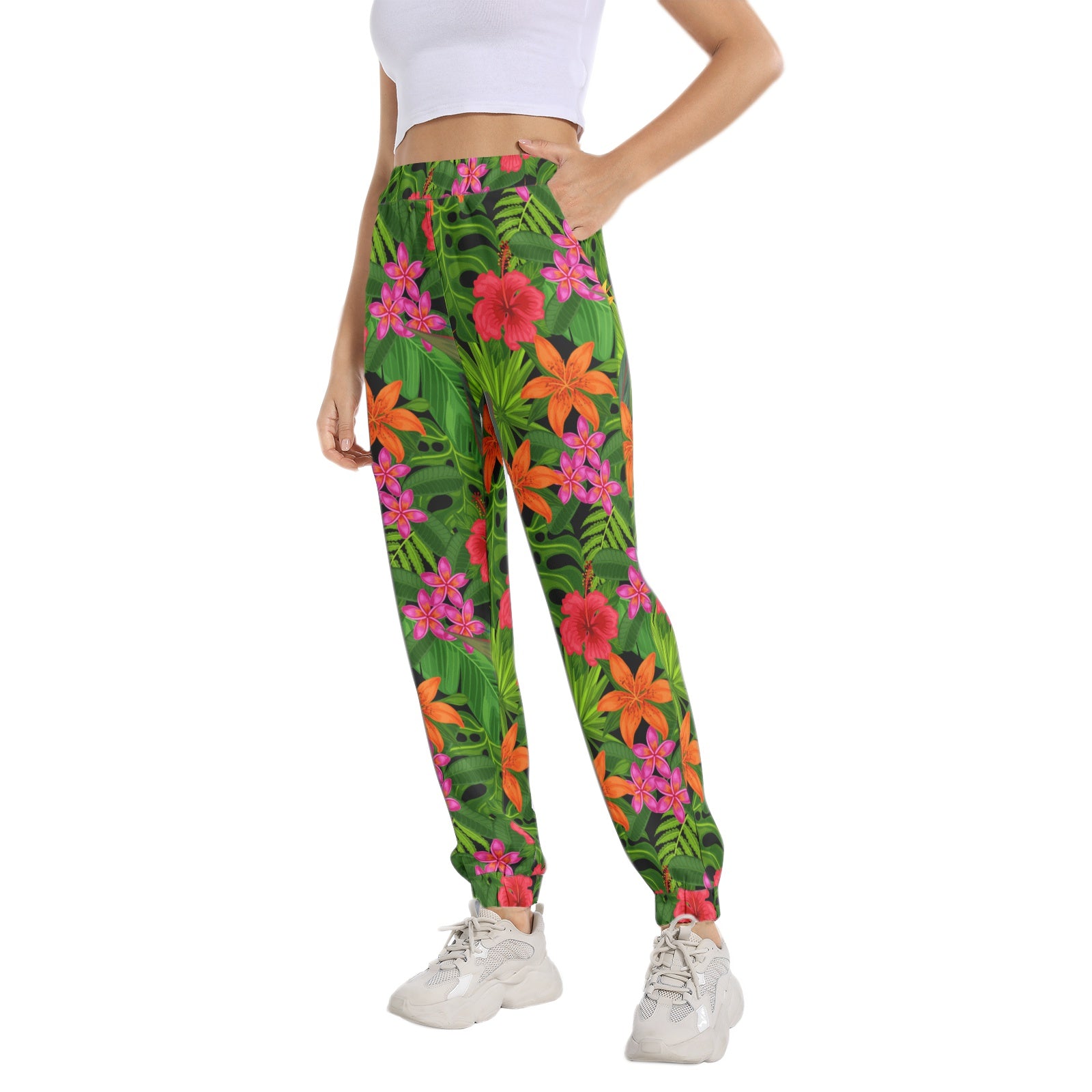 Floral Tropical Print Sweatpants for Women - Elastic Waistband & Tapered Ankle Design - Perfect for Yoga, Lounging & Casual Wear