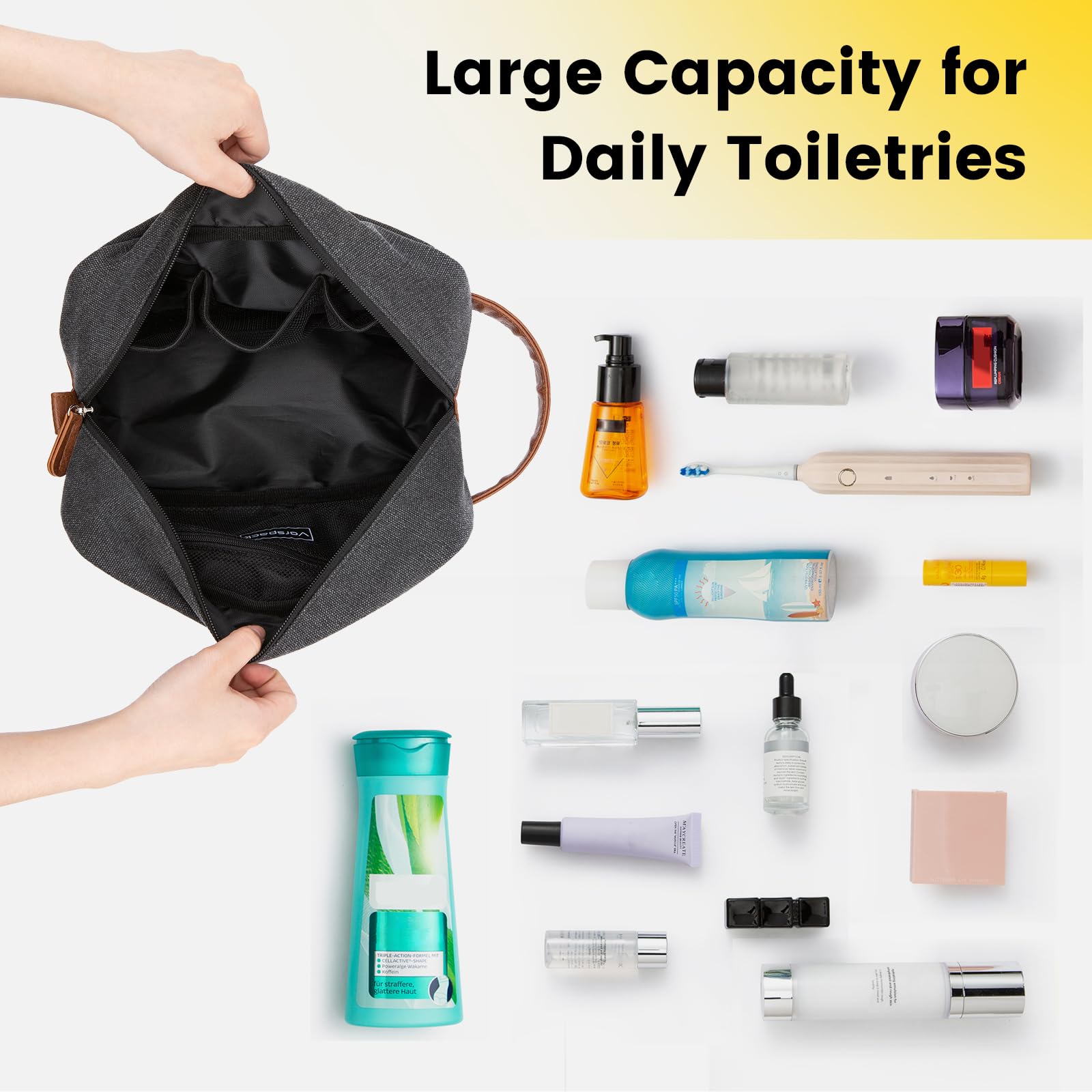 Vorspack Hanging Toiletry Bag for Men - Water Resistant Canvas Dopp Kit with Large Capacity, Travel Shaving Organizer (Dark Grey) - Perfect for Camping, Gym & Business Trips