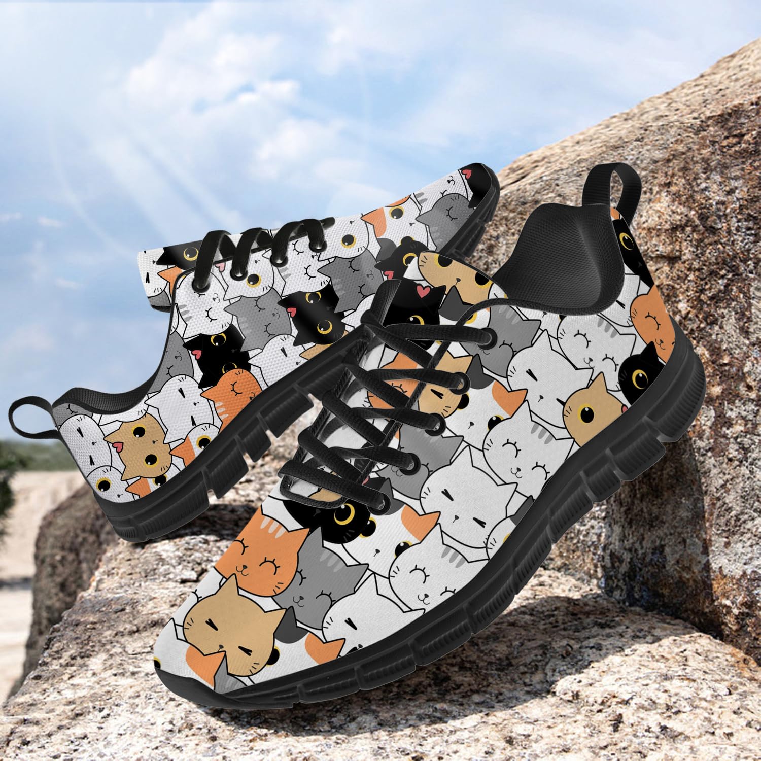 Women's Cat Print Sneakers - Cute Running & Tennis Shoes for Her - Perfect Gift for Cat Lovers - Ideal for Jogging, Gym Workouts & Casual Wear