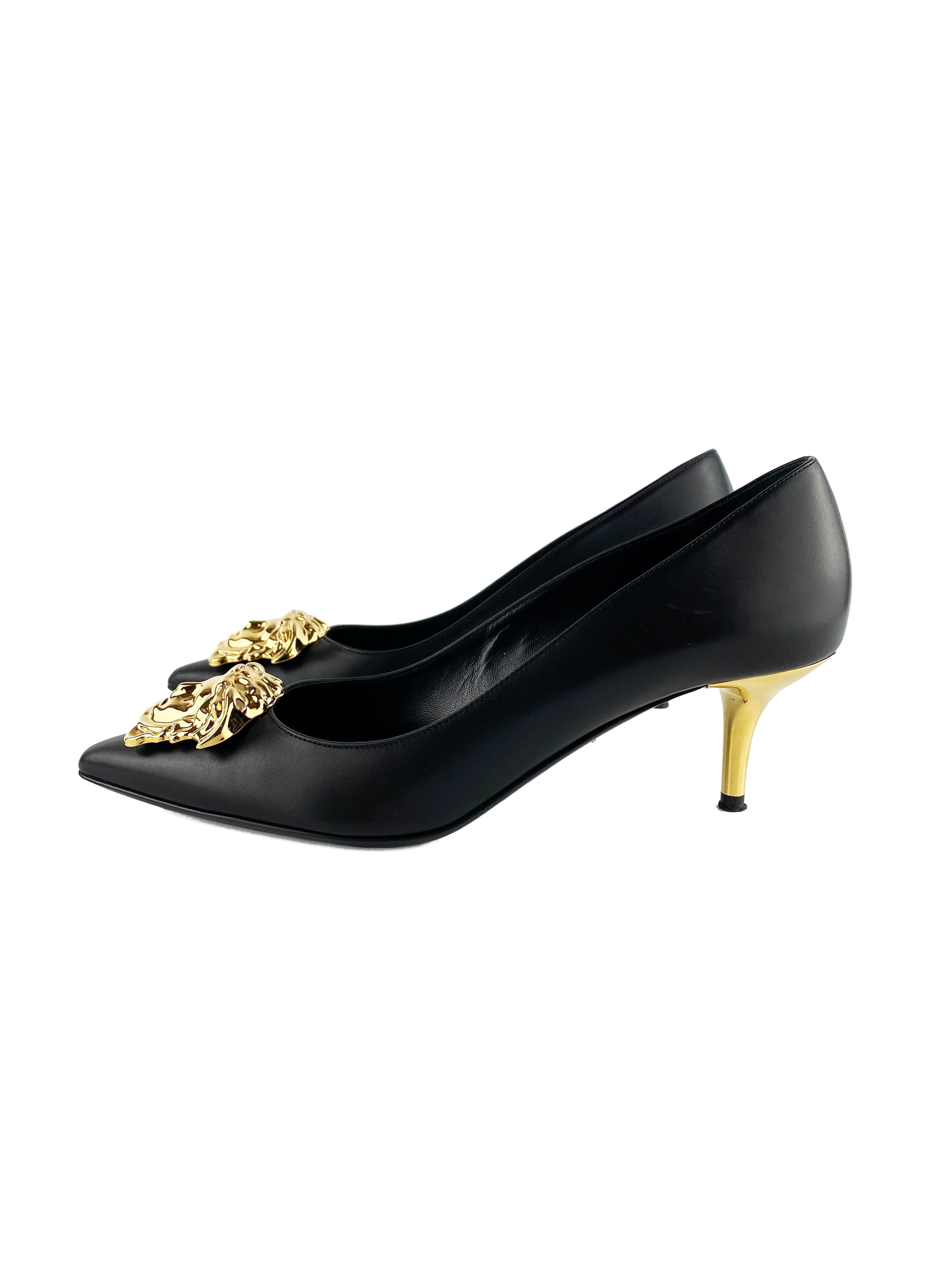Versace Black & Gold Medusa Head Kitten Heels - Women's Size 39 Luxury Designer Pumps for Parties, Weddings & Evening Events