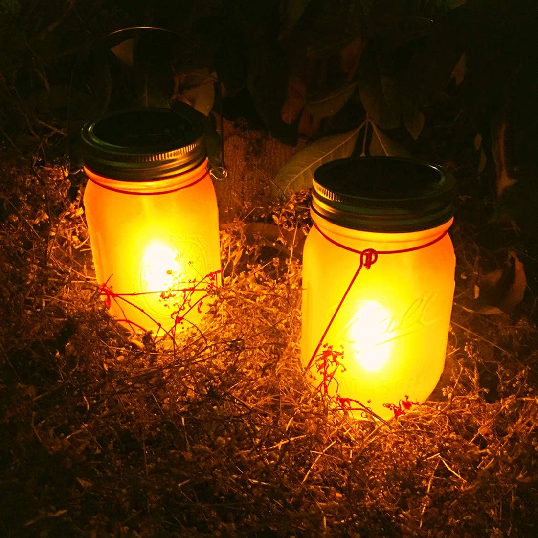 6-Pack Solar Mason Jar Lights with Amber Flame Flicker - Outdoor Hanging Lanterns for Garden, Patio & Wedding Decor - Includes Glass Jars & Hangers - Solar Powered Weatherproof Lighting for Backyard, Pathway & Party Decorations