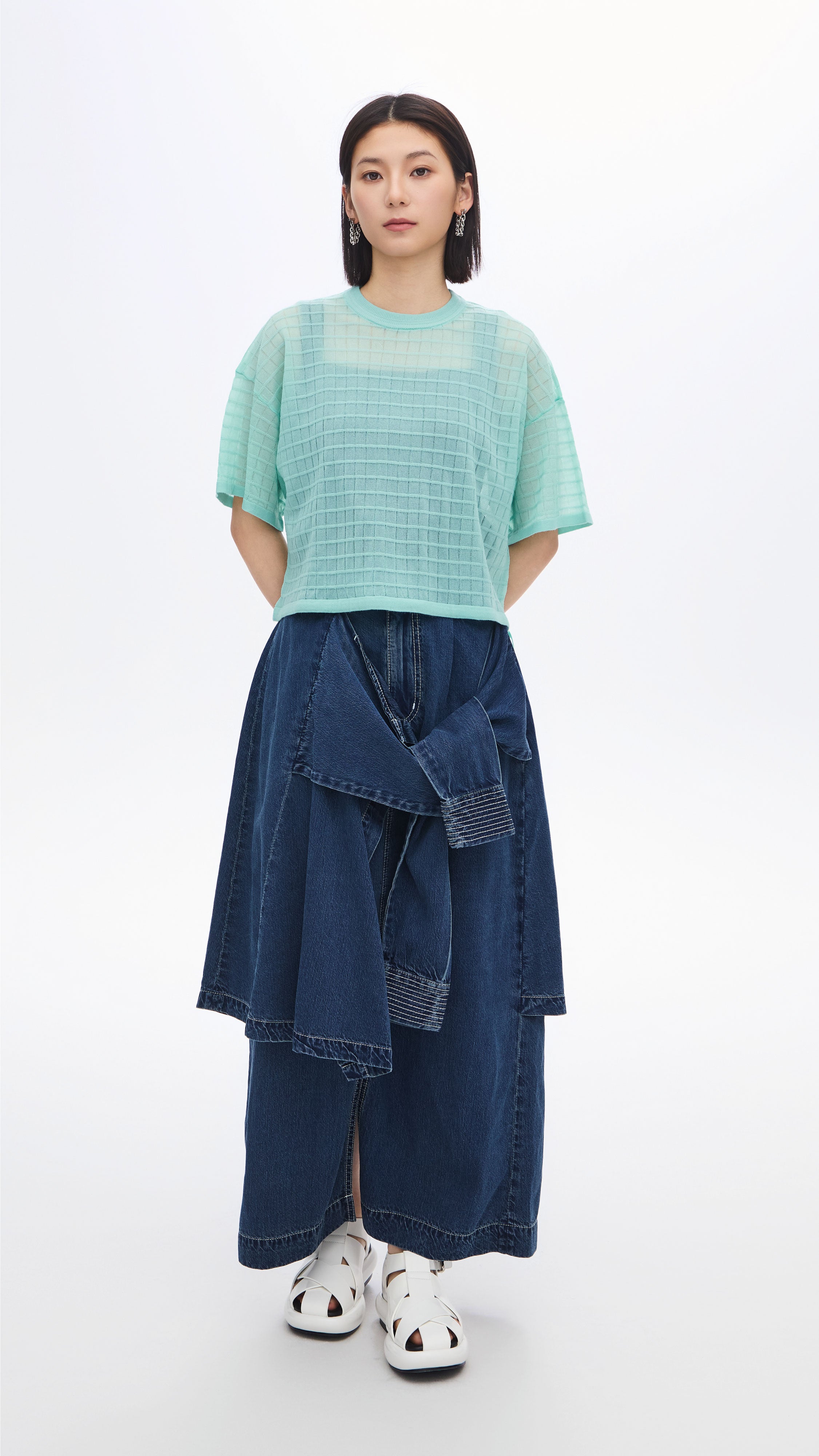 Sheer Checker Knit Top for Women - Trendy See-Through Loose Fit Blouse for Casual Outings & Layering