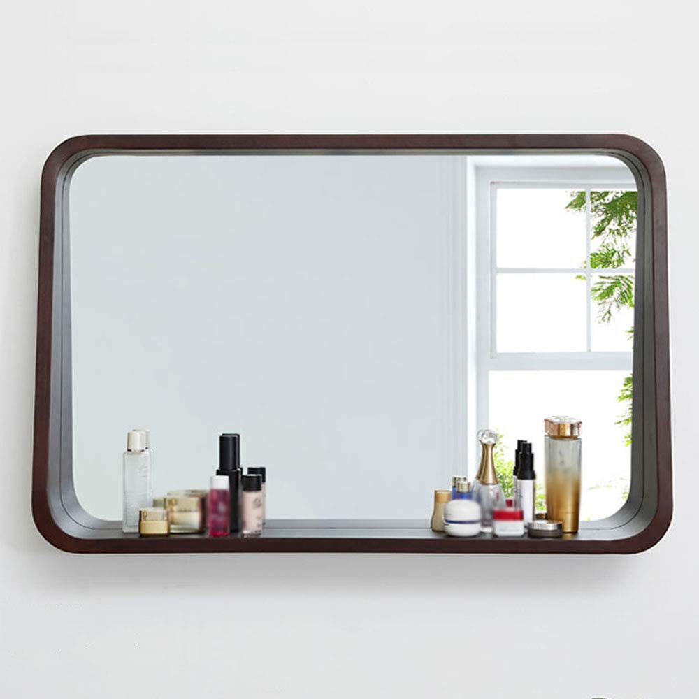 80x60cm Rectangular Polished Safety Wall Mirror with Solid Wood Frame & Storage Shelf - Black Home Decor for Bedroom, Living Room, Entryway & Bathroom Organization