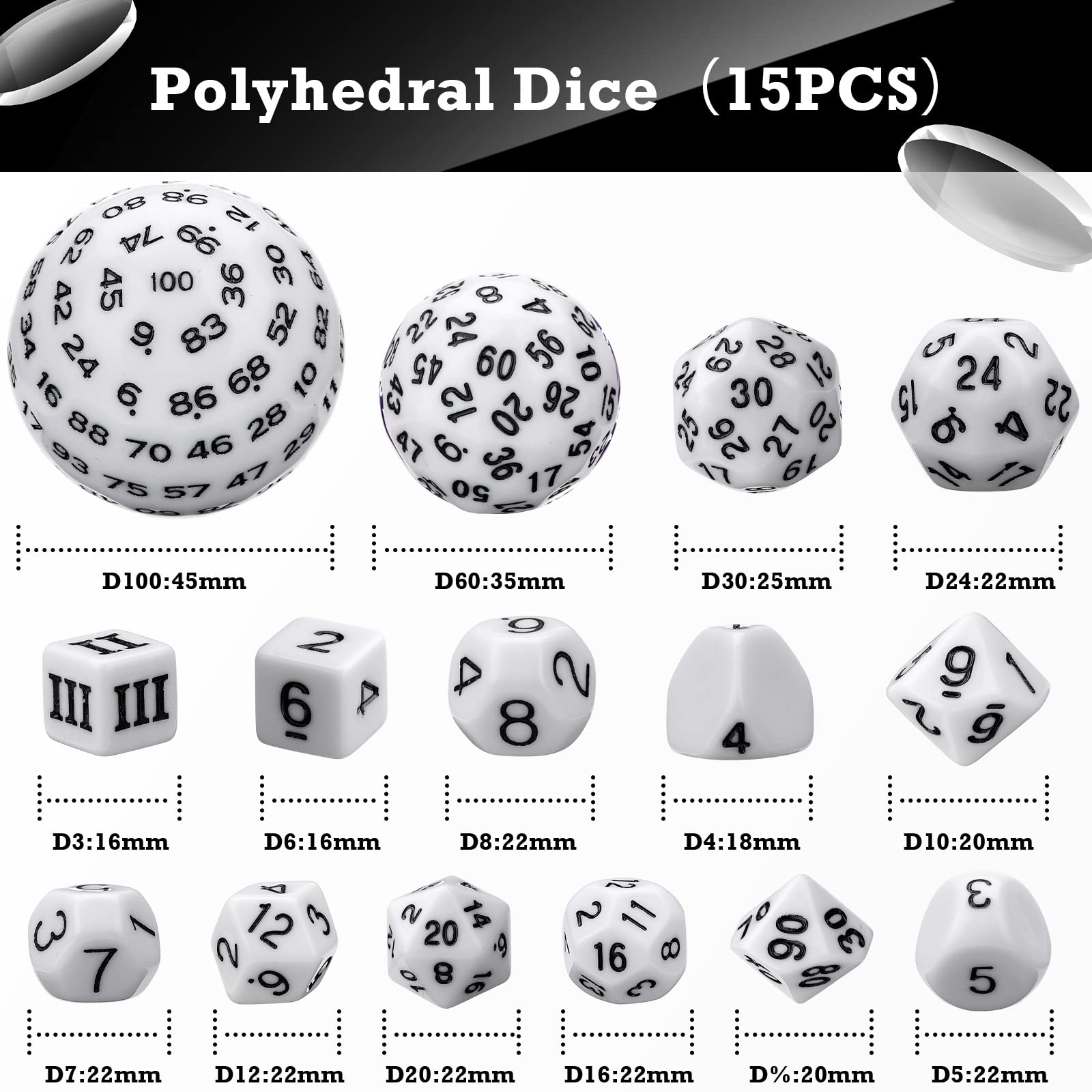 15-Piece Complete Polyhedral Dice Set D3-D100 | Opaque Black & White RPG Dice for Dungeons & Dragons, Pathfinder | Perfect for Tabletop Gaming, Role-Playing Parties & Board Game Nights