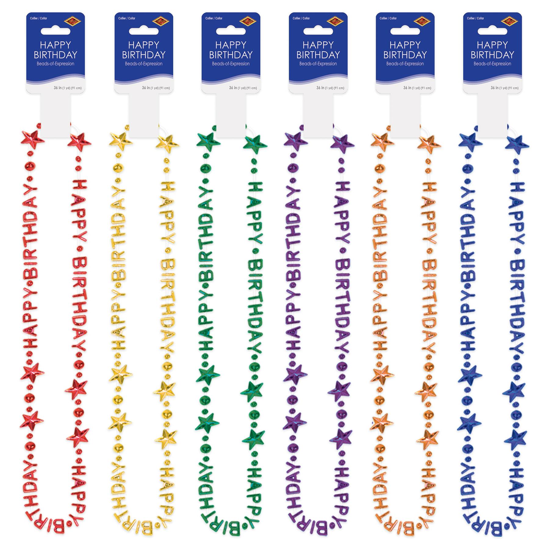 12 Pack Happy Birthday Bead Necklaces for Party Favors - Colorful Mardi Gras Style Party Supplies for Birthday Celebrations, Carnivals & Festive Events