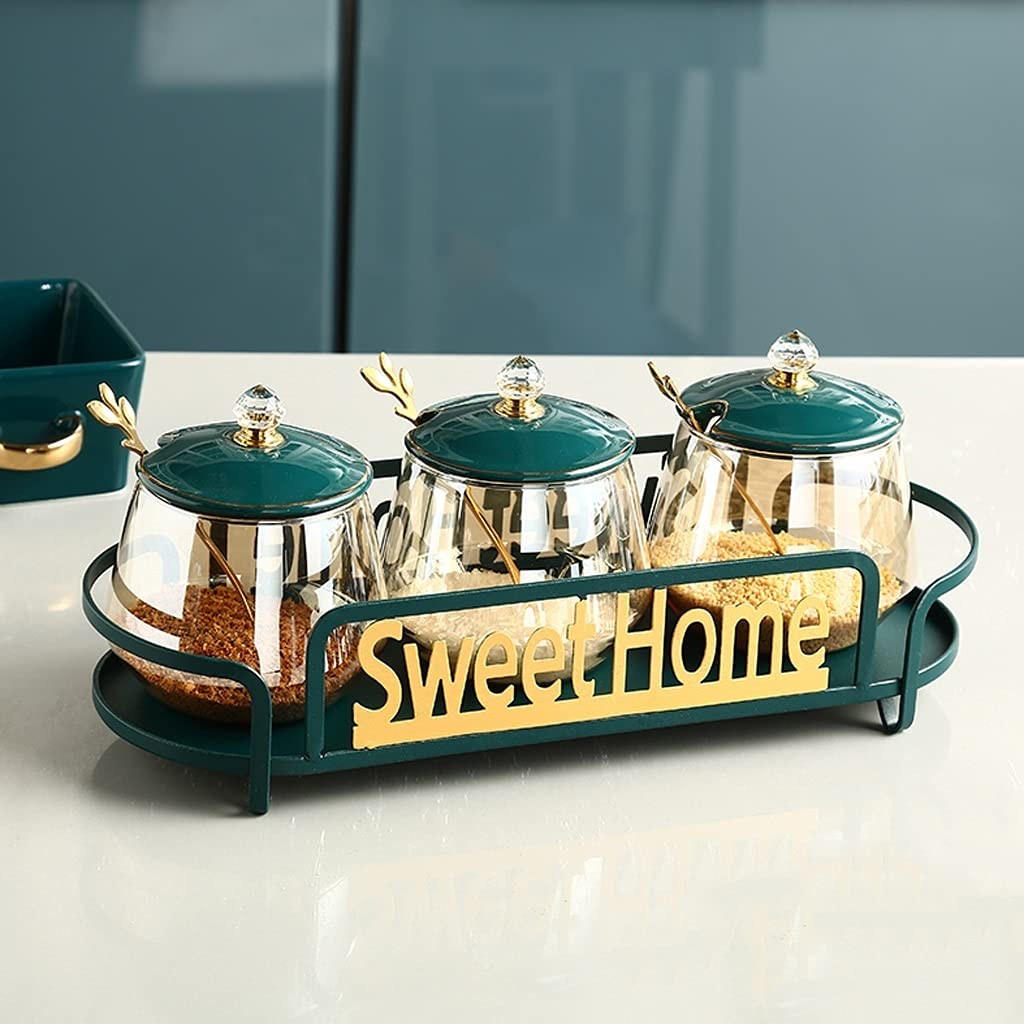 Premium Glass Spice Jars with Elegant Iron Base - 3 Piece Set for Salt, Sugar & Seasonings | Ideal for Kitchen, Restaurant & Hotel Use | Durable & Stylish Condiment Storage Containers
