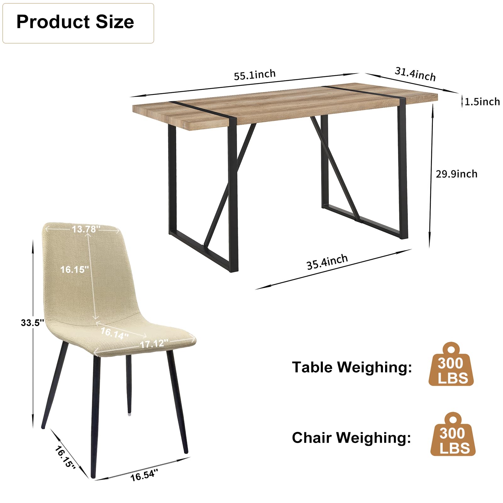 Modern Rectangular Solid Wood Dining Table Set for 4 with Metal Base - 55