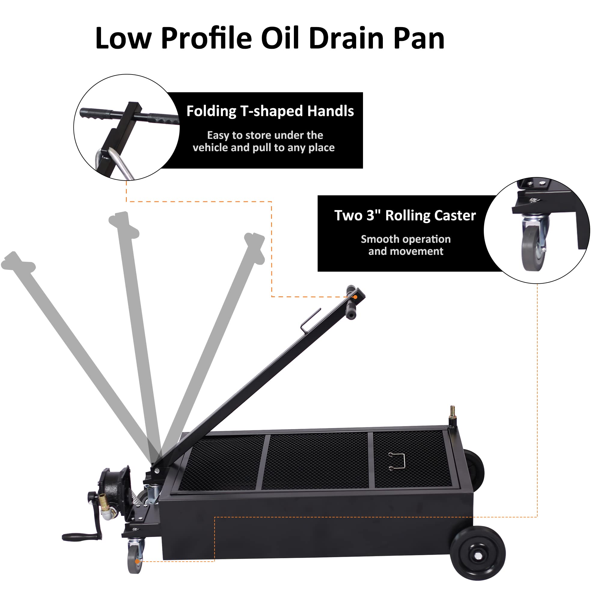20 Gallon Oil Drain Pan with Hand Pump & Hose - Portable Low Profile Oil Change Tank for Cars, SUVs & Trucks - Large Capacity Oil Drain Pan with Swivel Casters Wheels - Perfect for DIY Oil Changes & Garage Maintenance (Black)