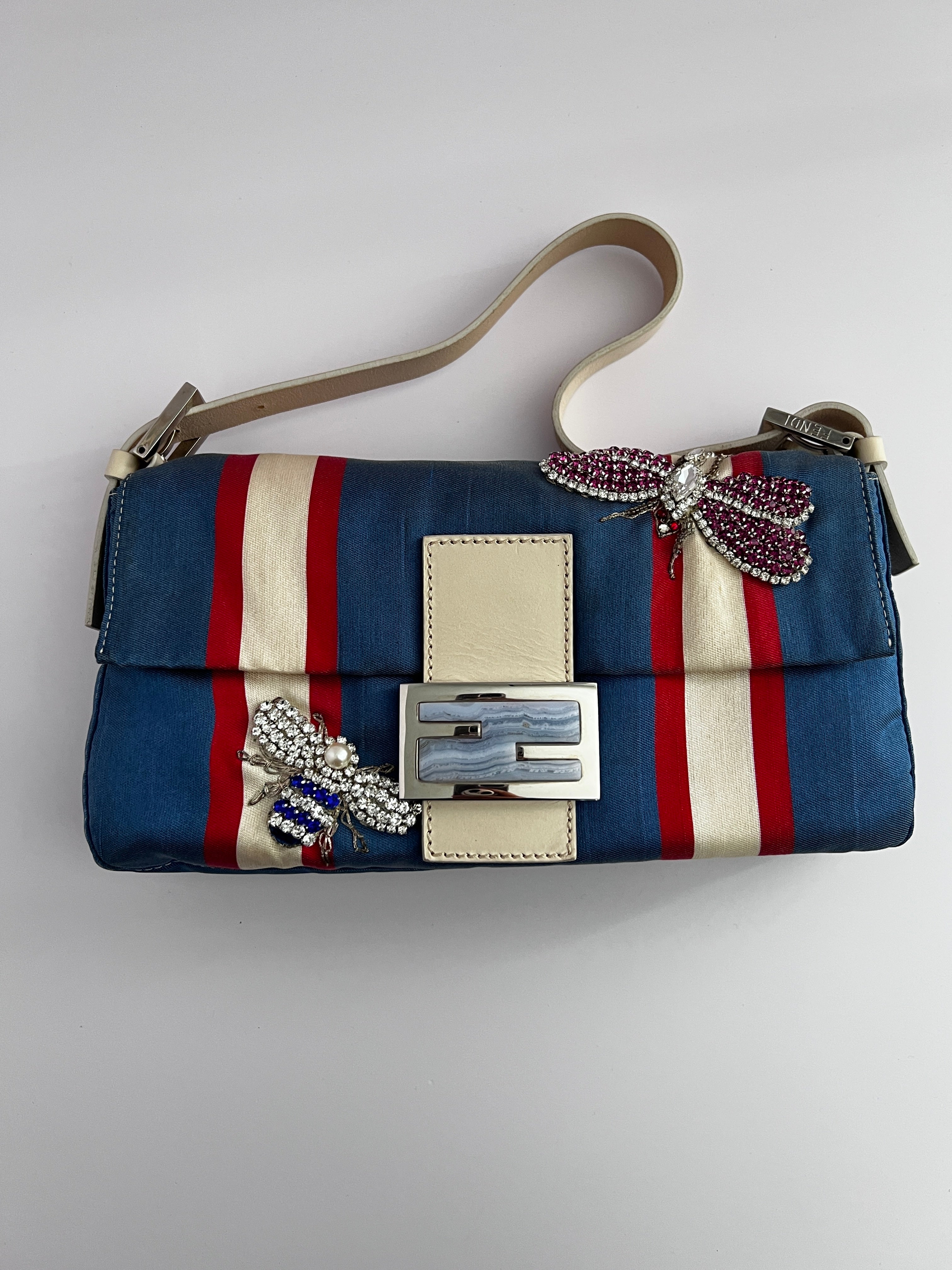 Vintage Fendi Striped Baguette Bag with Insect Motif - Stylish Crossbody Purse for Women, Perfect for Parties, Dates & Everyday Fashion