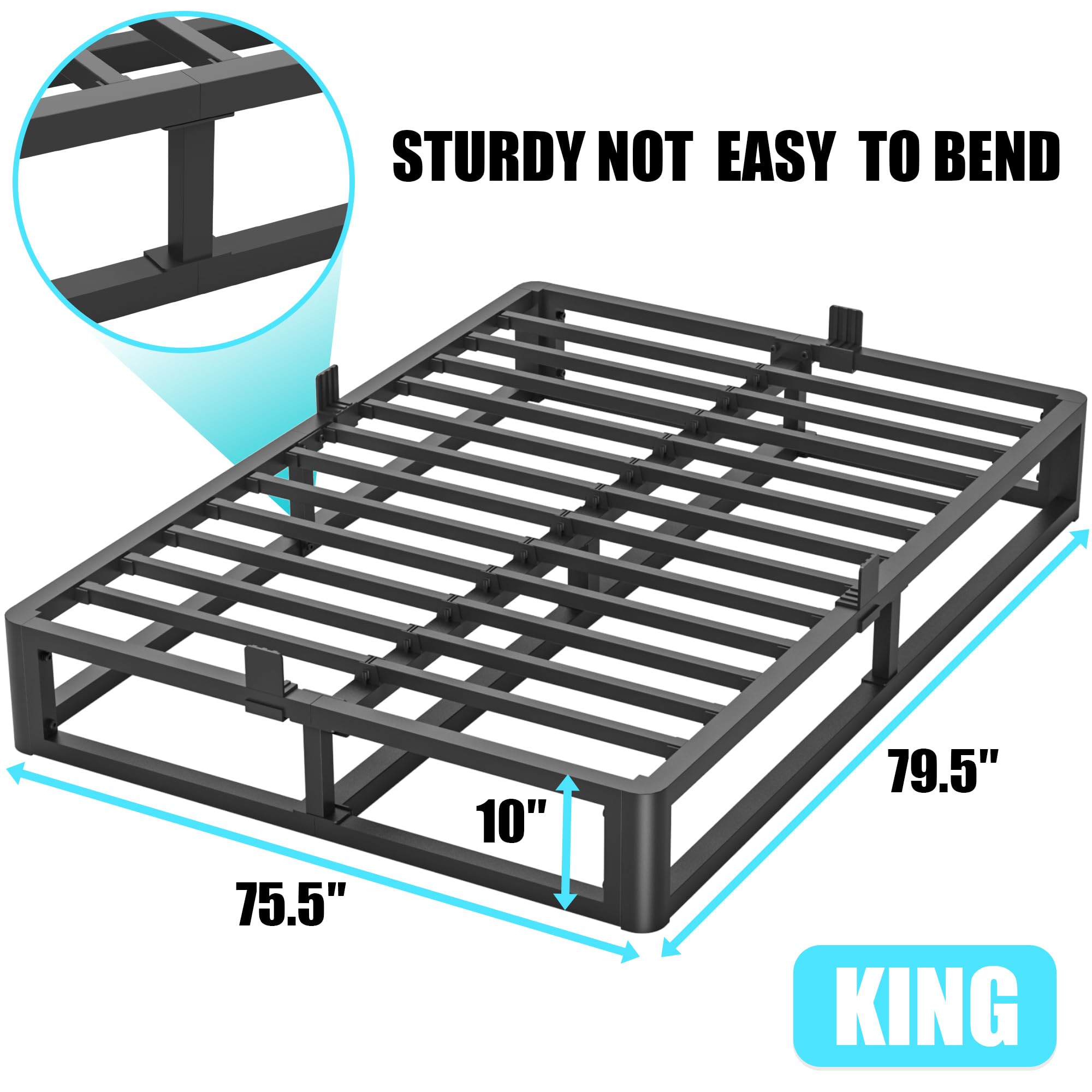 10 Inch Heavy Duty Metal King Bed Frame - 3500 LBS Capacity, Anti-Bending Round Corner Legs, Steel Slat Support, No Box Spring Needed | Quiet, Easy Assembly Platform Bed for Master Bedroom & Guest Rooms