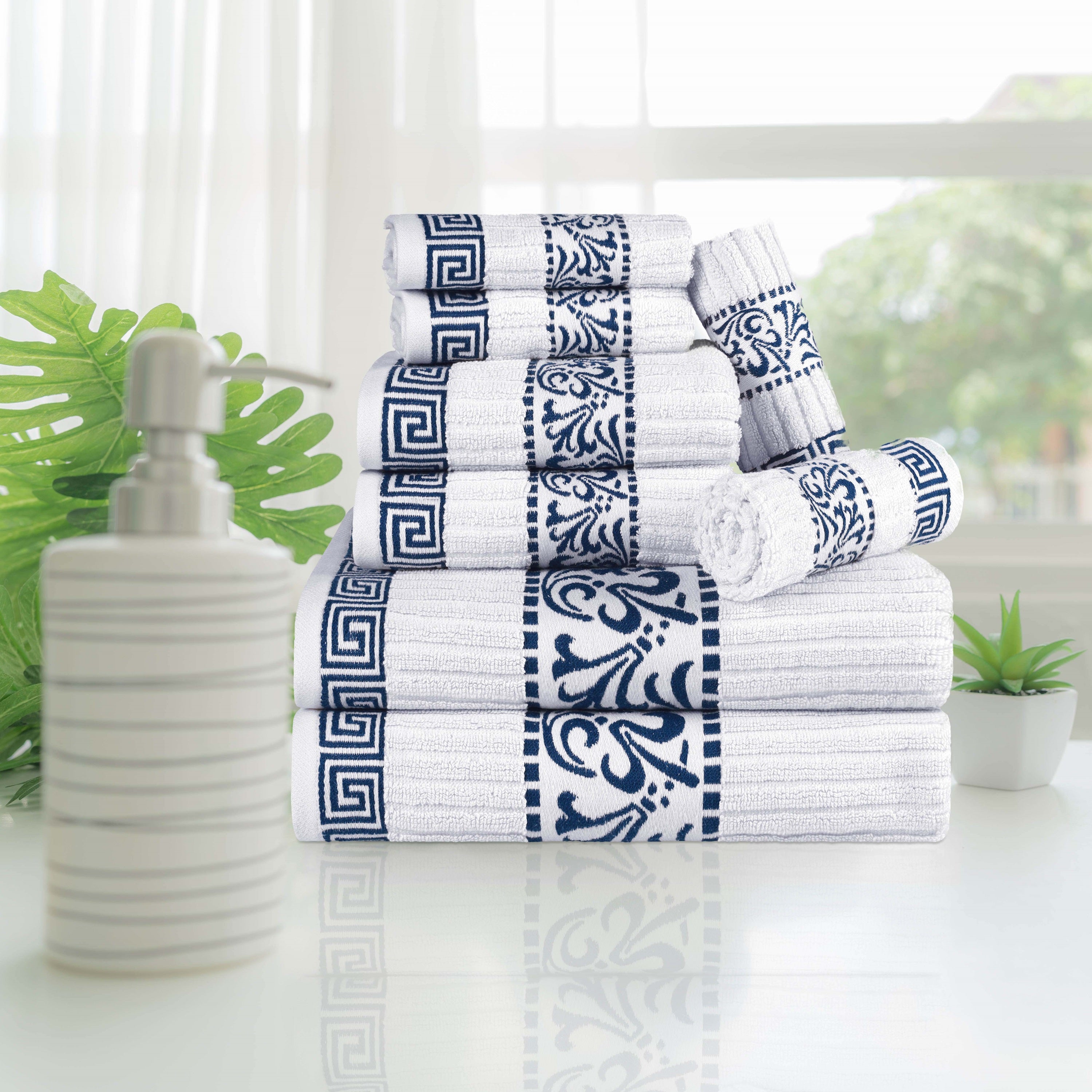Premium 8-Piece Cotton Towel Set with Greek Scroll & Floral Design - Soft Bath Towels, Hand Towels & Washcloths - Perfect for Bathroom, Spa & Luxury Home Decor