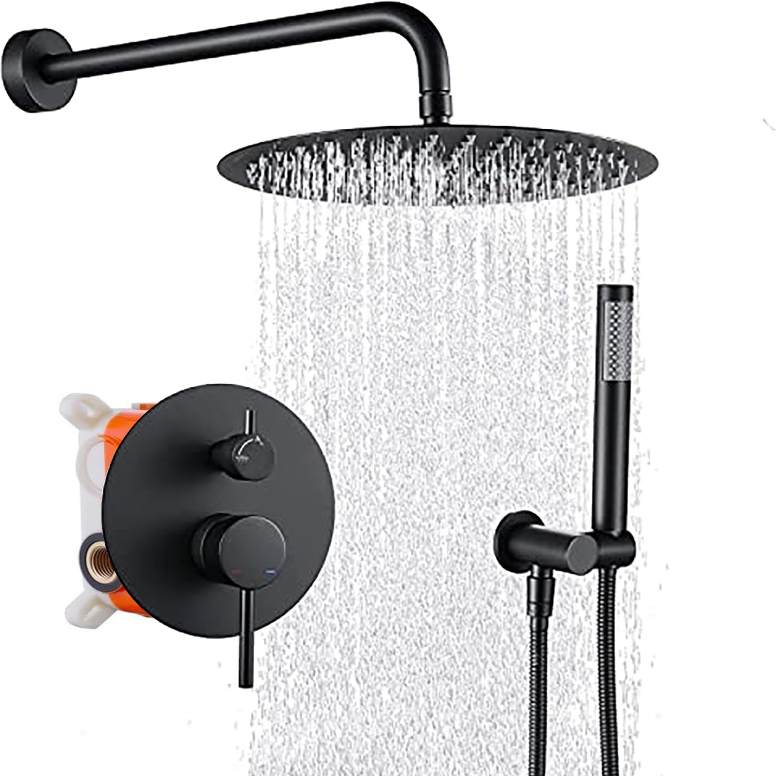 HaiZR Matte Black Shower System - 10 Inch Rainfall Shower Head with Brass Faucet, Wall Mounted Bathroom Shower Combo Set with Rough-in Valve & Trim Kit - Perfect for Modern Home, Spa, and Luxury Bathroom Renovations