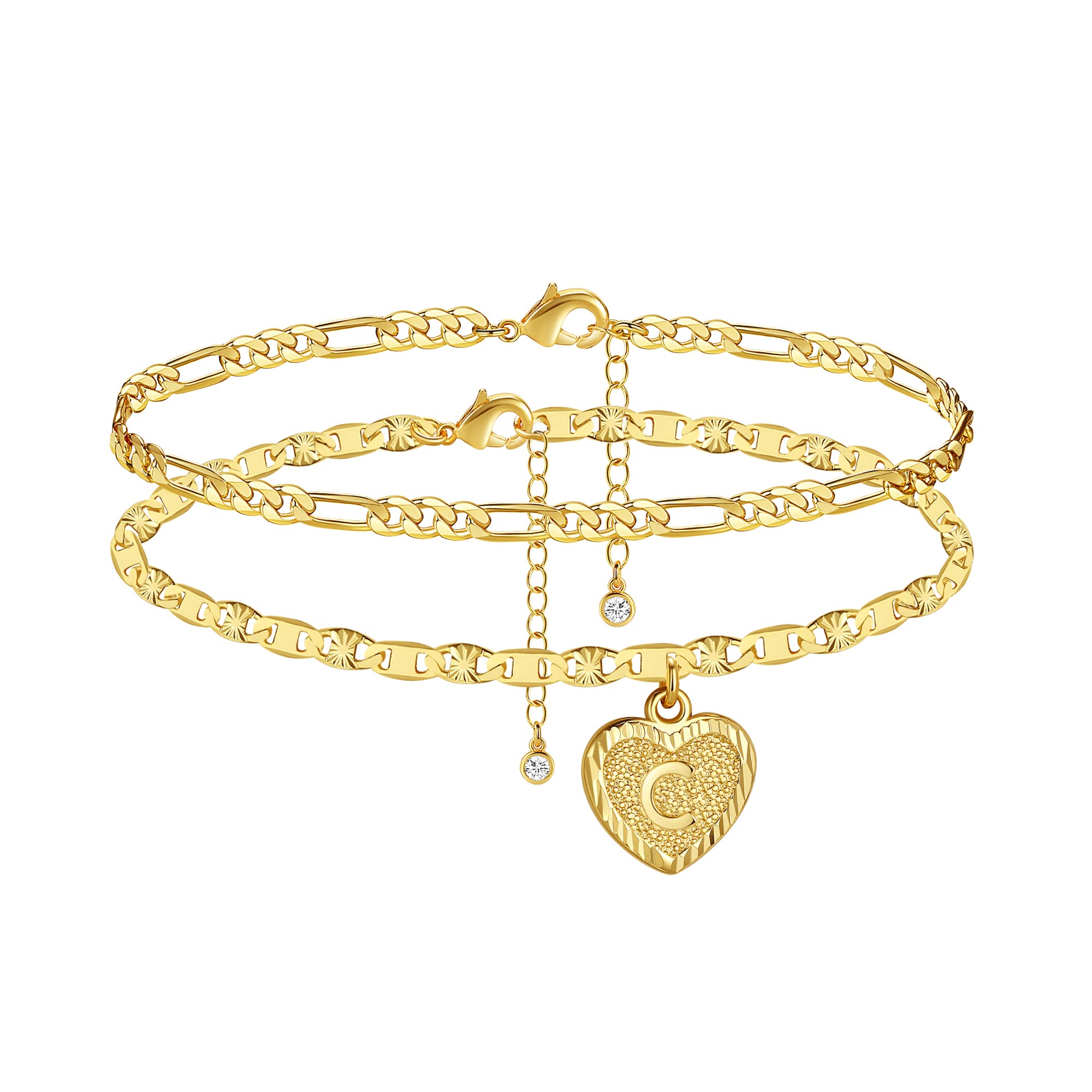 14K Gold Plated Heart Initial Anklet for Women - Personalized Letter A-Z Layered Ankle Bracelet, Dainty Summer Jewelry Gift for Her | Perfect for Beach Vacations, Date Nights & Casual Outfits