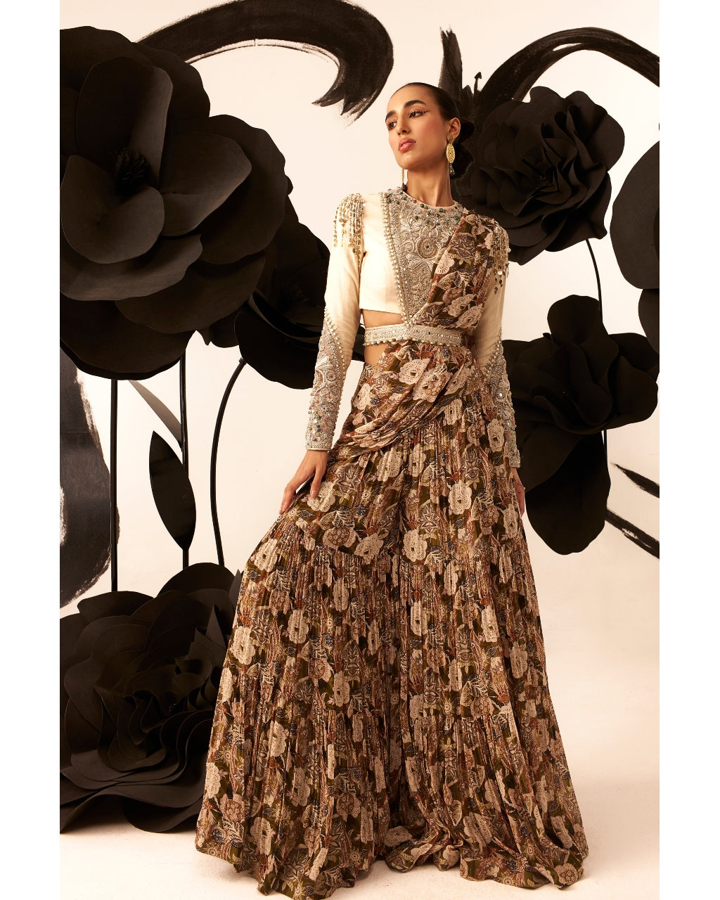 Elegant Abstract Floral Palazzo Sari Set for Women - Boho Chic Indian Ethnic Outfit for Weddings, Parties & Festivals