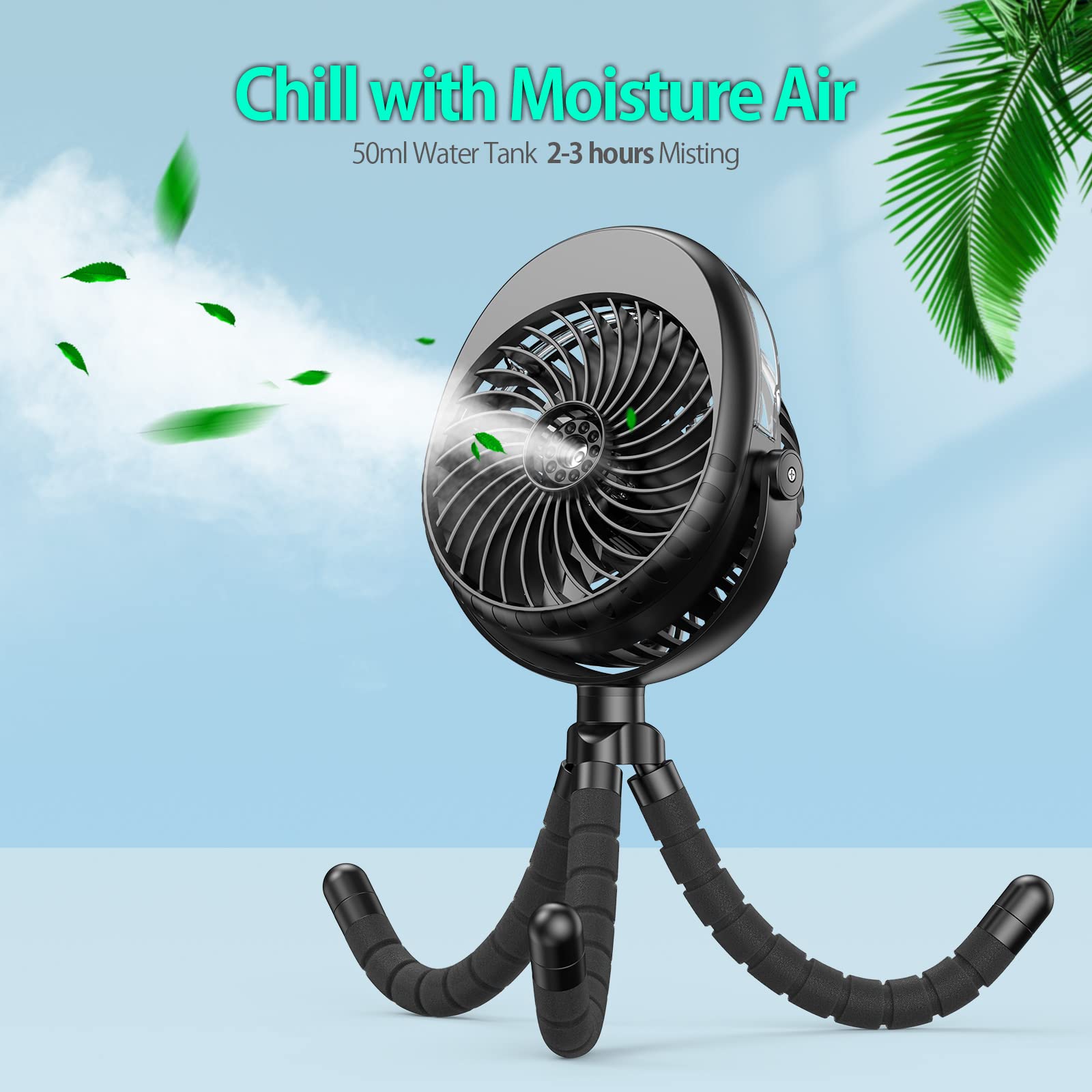 Rechargeable Portable Stroller Fan with Mist - 360° Adjustable Misting Fan with Flexible Tripod for Baby Stroller, Beach, Travel, Gym, Car & Outdoor Cooling - USB Personal Fan for Umbrella, Wagon, Crib & Treadmill Use