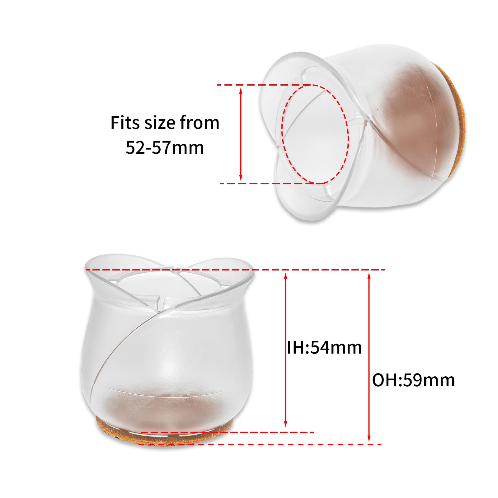 8-Piece Clear PVC Chair Leg Caps with Felt Pads - 52-57mm (2.05