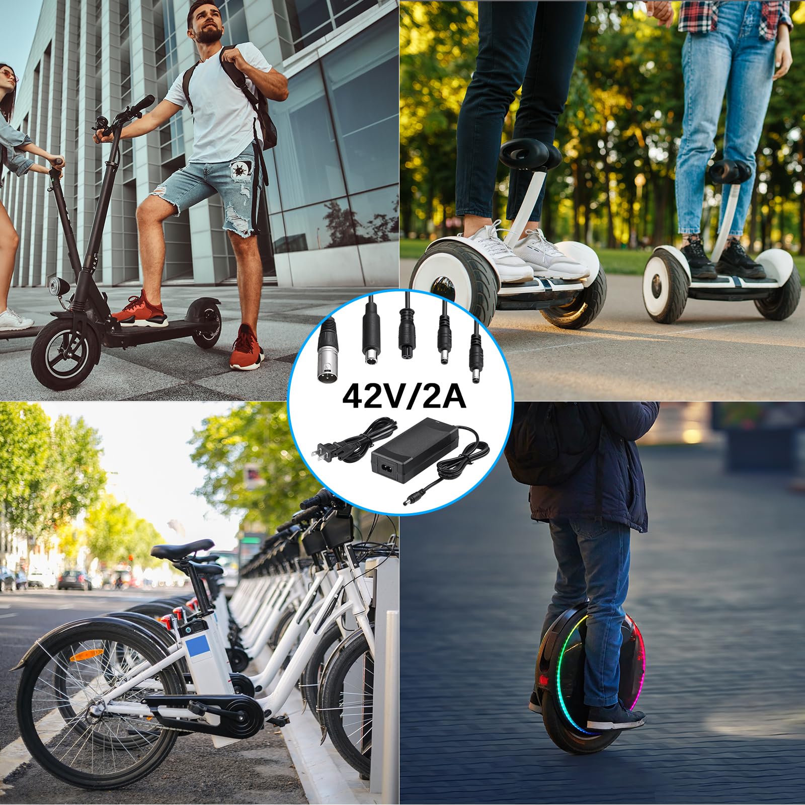 42V 2A Fast Lithium Battery Charger with 5 Adapter Plugs - Universal Replacement for 36V E-Bike/Scooter (Jetson, Gotrax, Razor, Ninebot, Segway, Swagtron, Hiboy) - Perfect for Commuting, Delivery & Outdoor Adventures