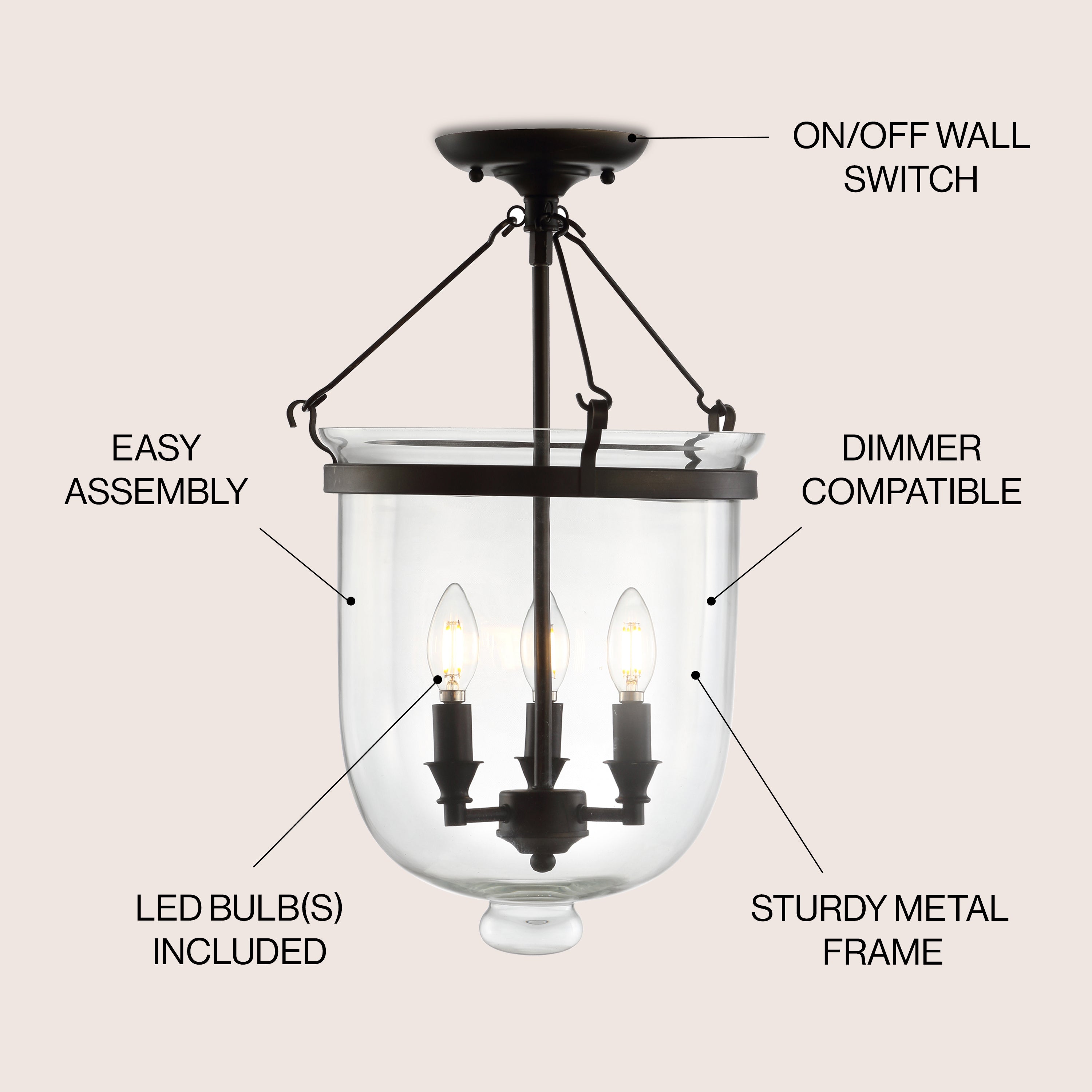 Charlotte 14.5 Inch Modern Semi Flush Mount Ceiling Light - LED Metal and Glass Fixture for Bedroom, Living Room, Dining Room, Hallway Lighting