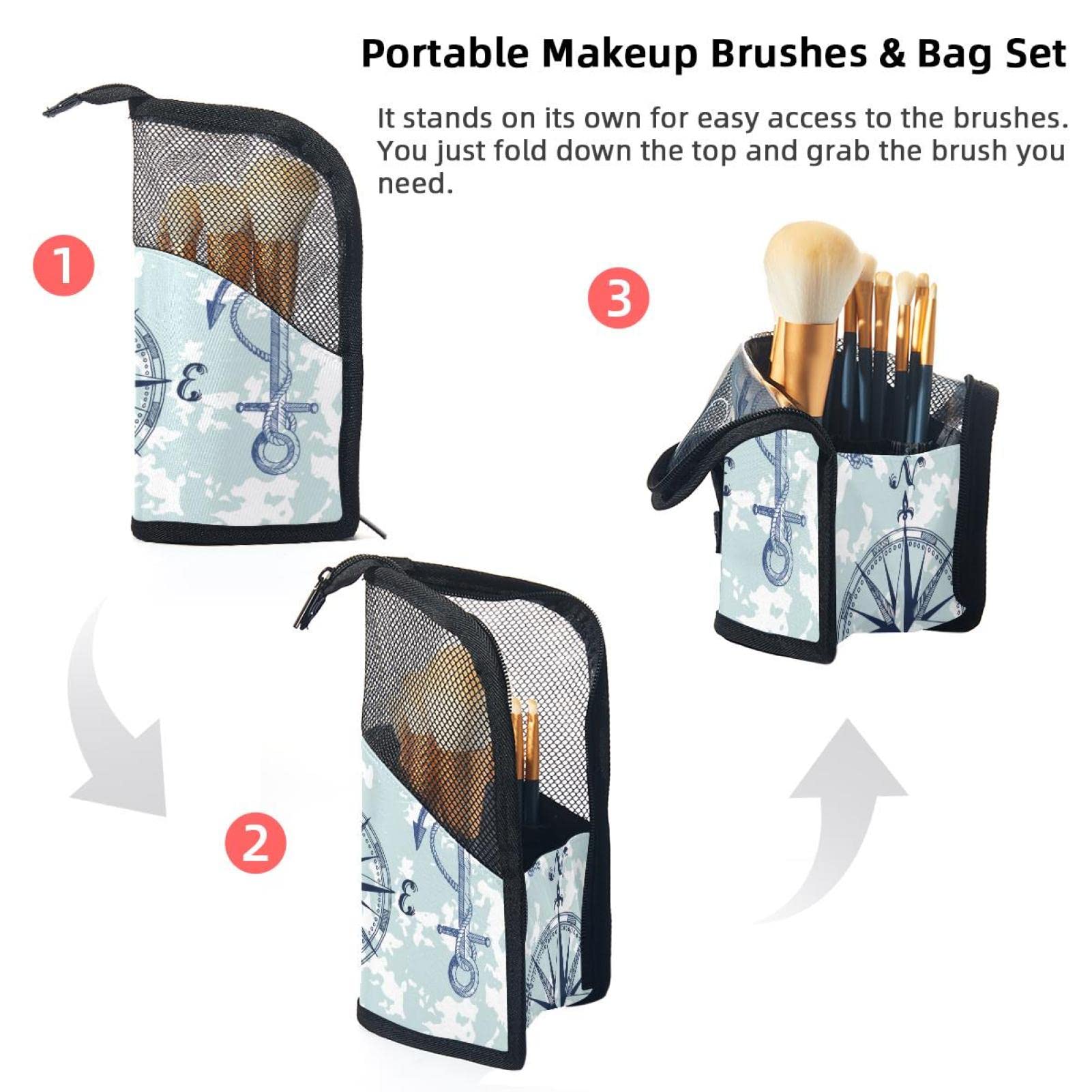 Premium Makeup Brush Organizer Bag with 12 Brushes - Nautical Anchor Compass World Map Design - Portable Travel Cosmetic Brush Holder Case for Professional Makeup Artists & Beauty Enthusiasts - Perfect for Travel, Home Vanity & Salon Use