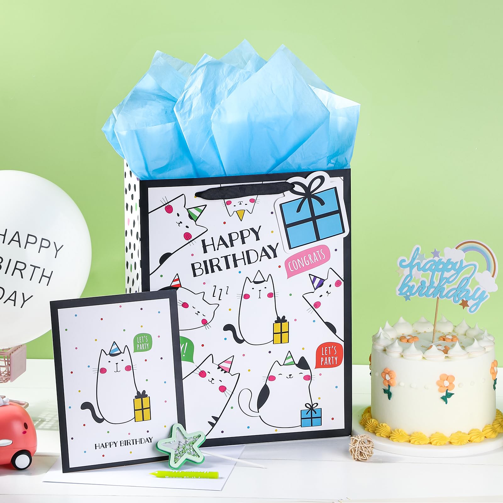 WRAPAHOLIC 13 Inch Large Birthday Gift Bags with Greeting Card & Tissue Paper - Cute Cat Design for Birthday Presents | Perfect for Party Favors, Baby Showers & Special Occasions