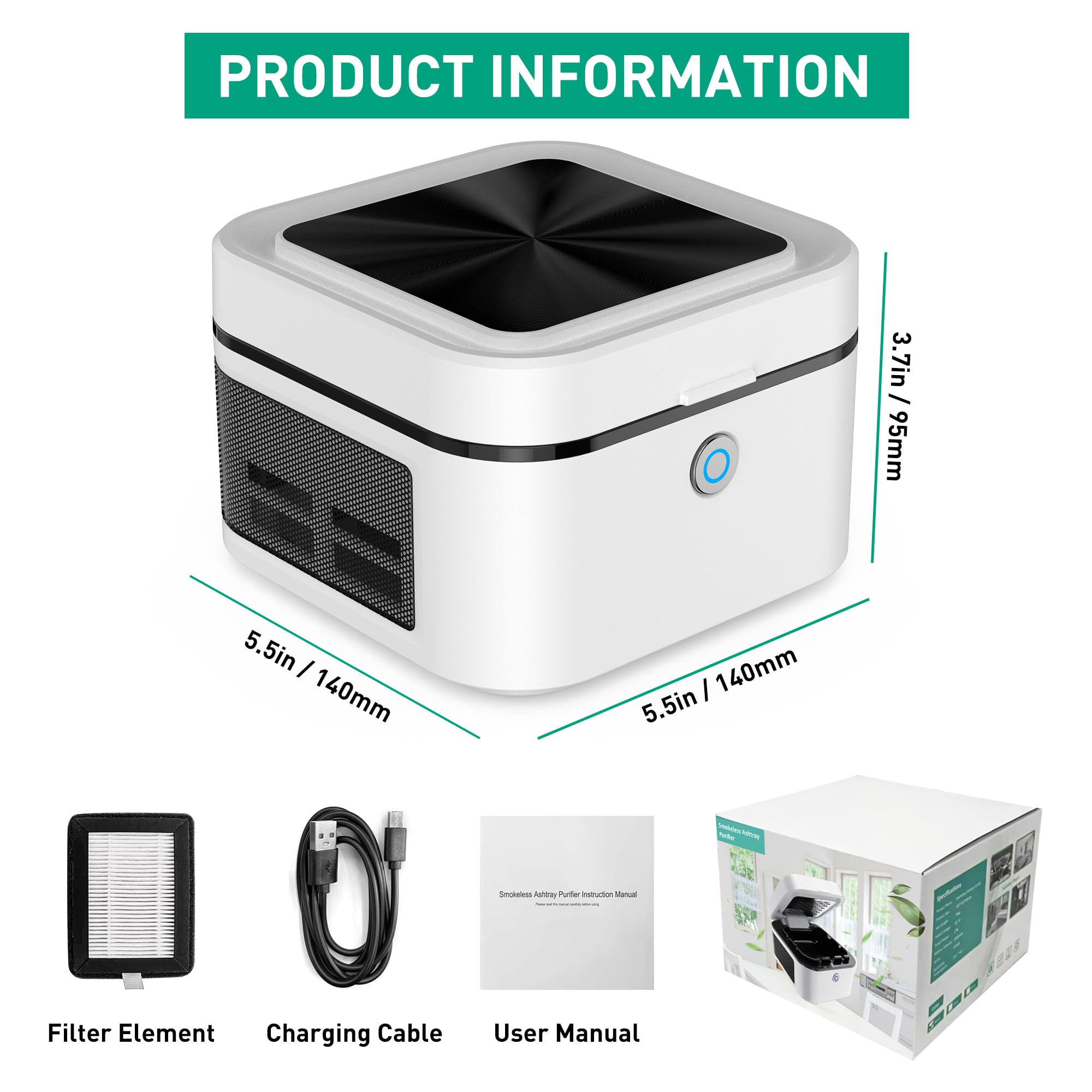 2 in 1 Air Purifier & Smokeless Ashtray with HEPA Filter - USB Rechargeable for Cigarette Smoke Reduction - Ideal for Home, Office & Car Use (White)