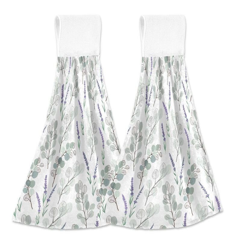**Vintage Floral Eucalyptus Hanging Kitchen Towels - 2PCS Absorbent Dish Cloth with Loop for Oven, Stove & Bathroom - Decorative Hand Towel for Home & Kitchen Decor**    *(Use for drying dishes, decorating your kitchen, or as a stylish bathroom hand towel.)*