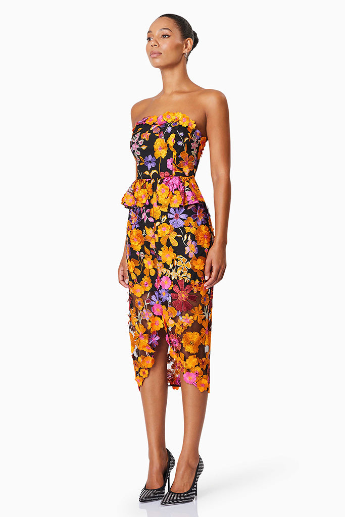 ELLIATT Alessandra Floral Strapless Cocktail Dress - Orange Multi Color Party Gown for Women, Perfect for Cocktail Parties, Weddings & Special Occasions