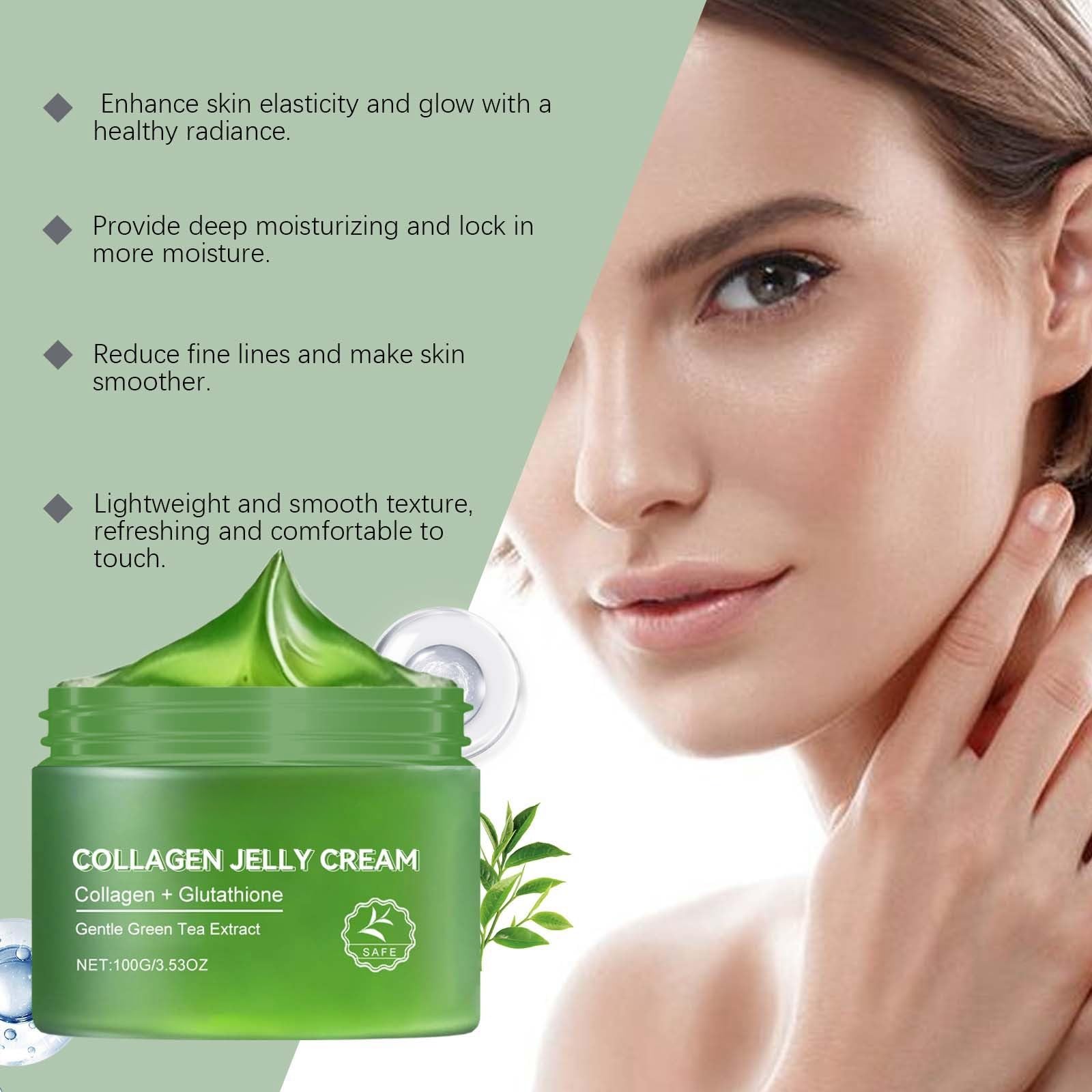 Collagen Jelly Cream with Green Tea, Niacinamide & Hydrolyzed Collagen - Hydrating Face Moisturizer for All Skin Types | Day & Night Skincare Routine, Anti-Aging Treatment for Dry & Sensitive Skin