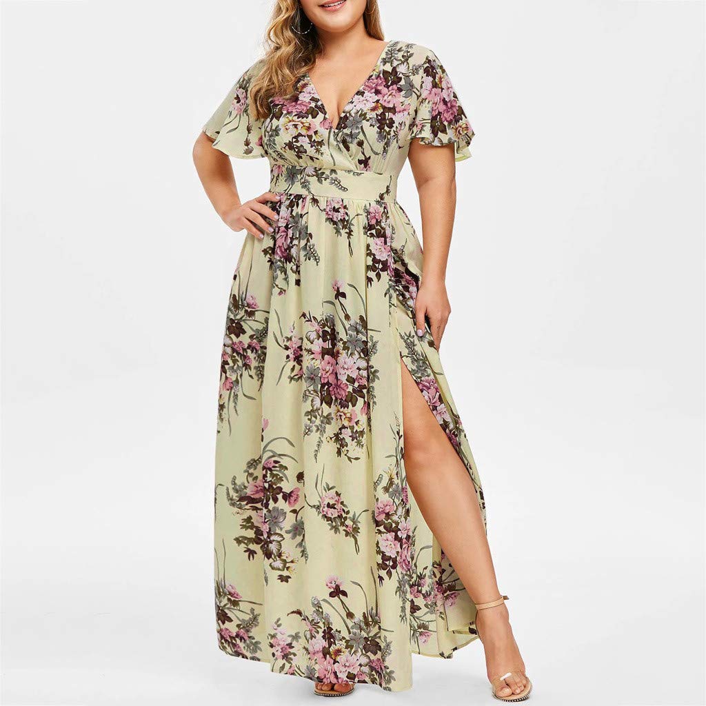 Anjikang Women's Summer Boho Dress - Casual Short Sleeve Floral Maxi Dress with V-Neck & Side Slit | Perfect for Beach Vacation, Guest Party & Romantic Date