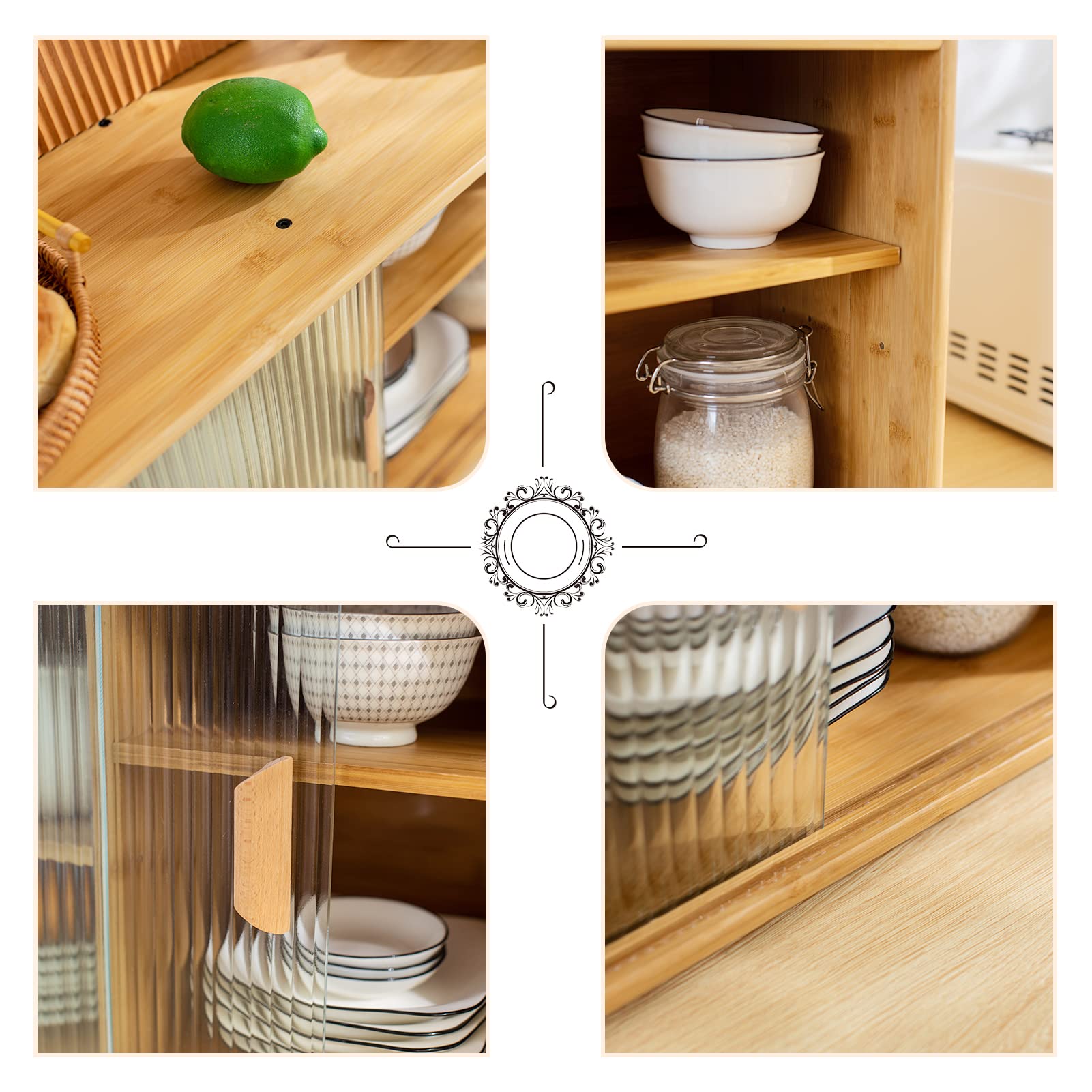 HollyHOME Small Bamboo Wall Mounted Kitchen Pantry Cabinet with 2 Doors - Coffee Bar & Wine Storage Organizer for Liquor Bottles, Glasses, Dishes - Perfect for Dining Room, Kitchen, Bar or Entryway Storage Solution