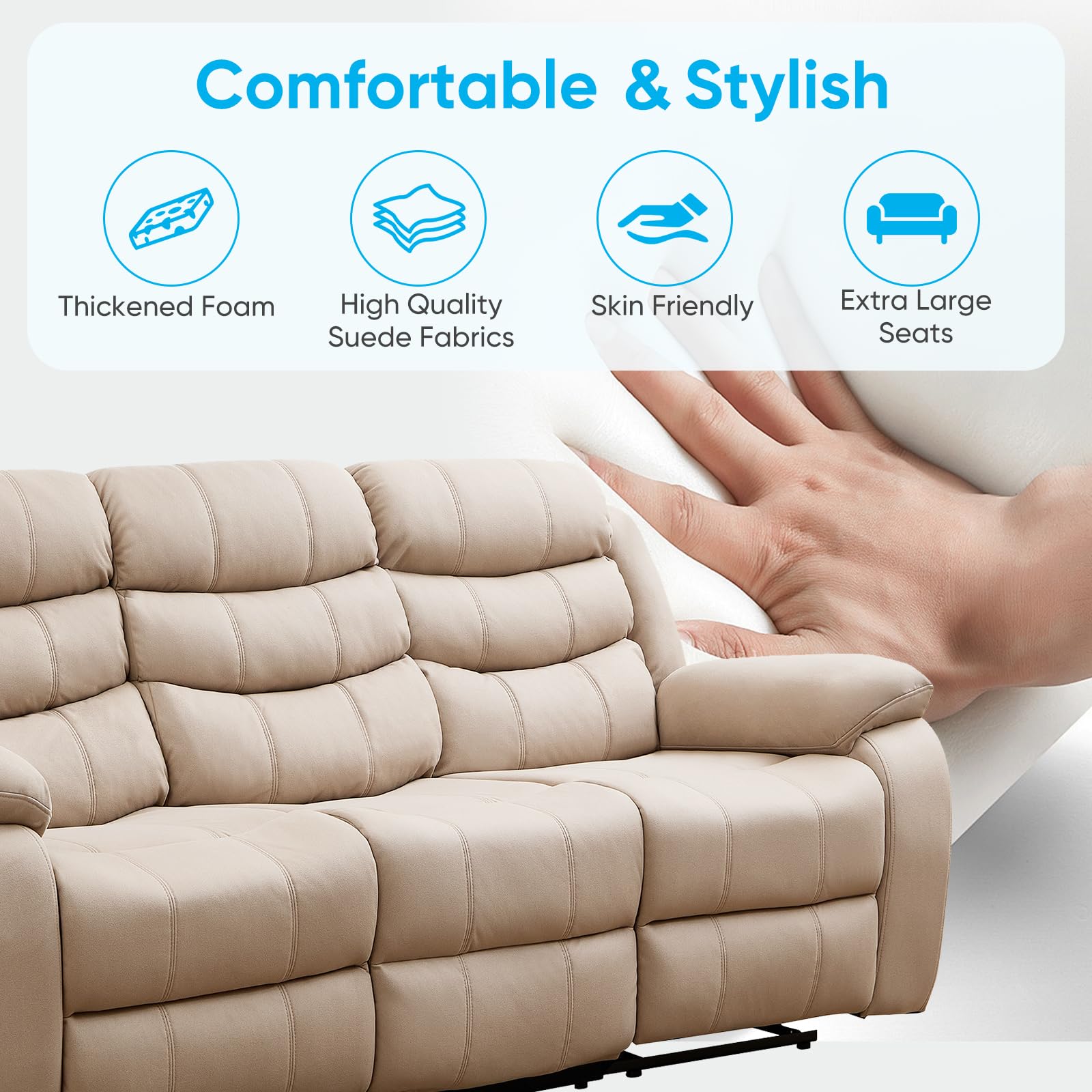 Mjkone 5-Piece Home Theater Seating Set - Manual Reclining Sofa with Cup Holders & Storage Console - 3-Seat Couch with Flip-Up Armrest + 2-Seat Loveseat - Beige Fabric Living Room Furniture for Movie Nights & Family Gatherings