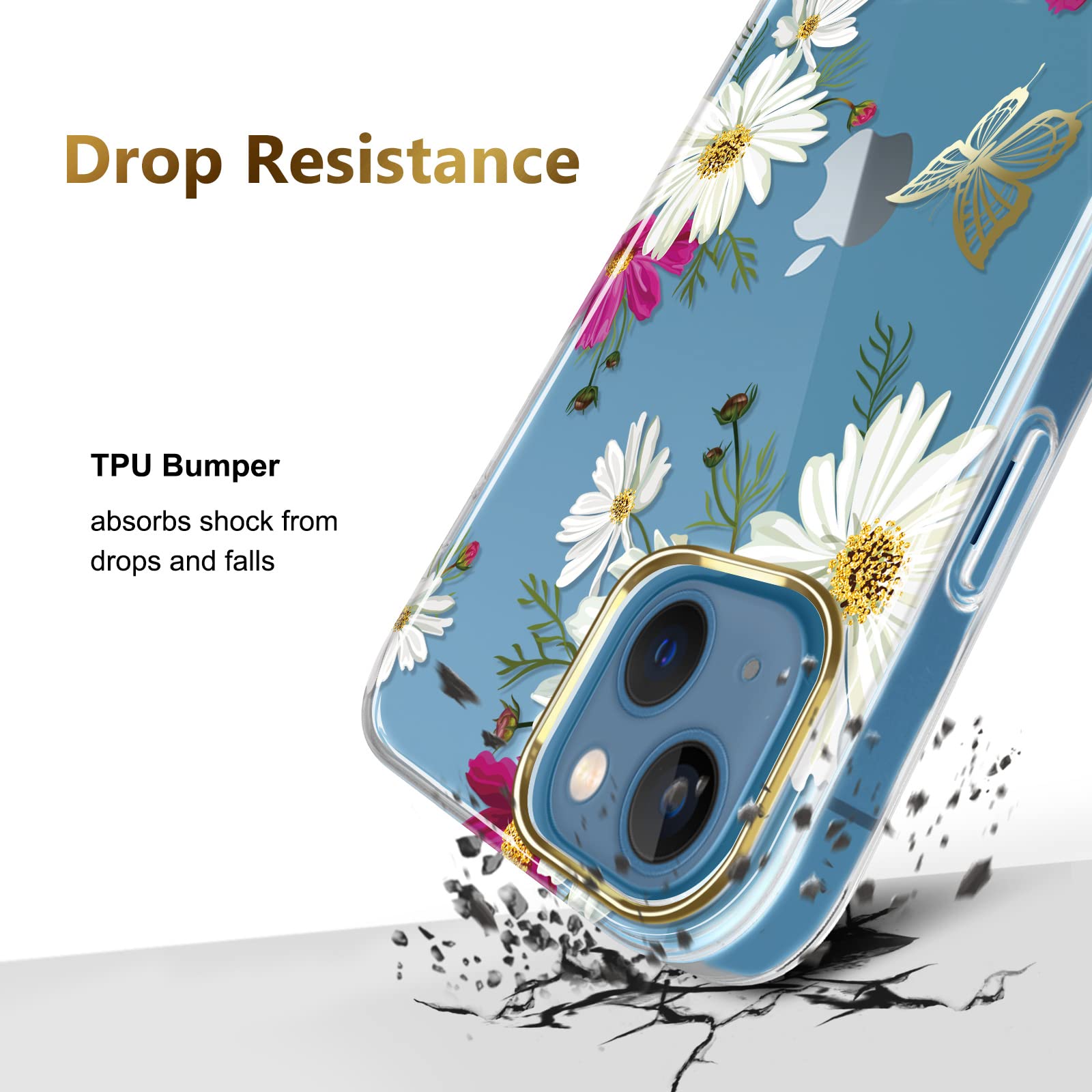 JAHOLAN iPhone 13 Case 6.1 Inch - Clear Shockproof Hard Back Cover with Floral Glitter Design, Butterfly Gold Pattern for Women & Girls | Perfect for Everyday Use, Gift Giving & Fashion Protection
