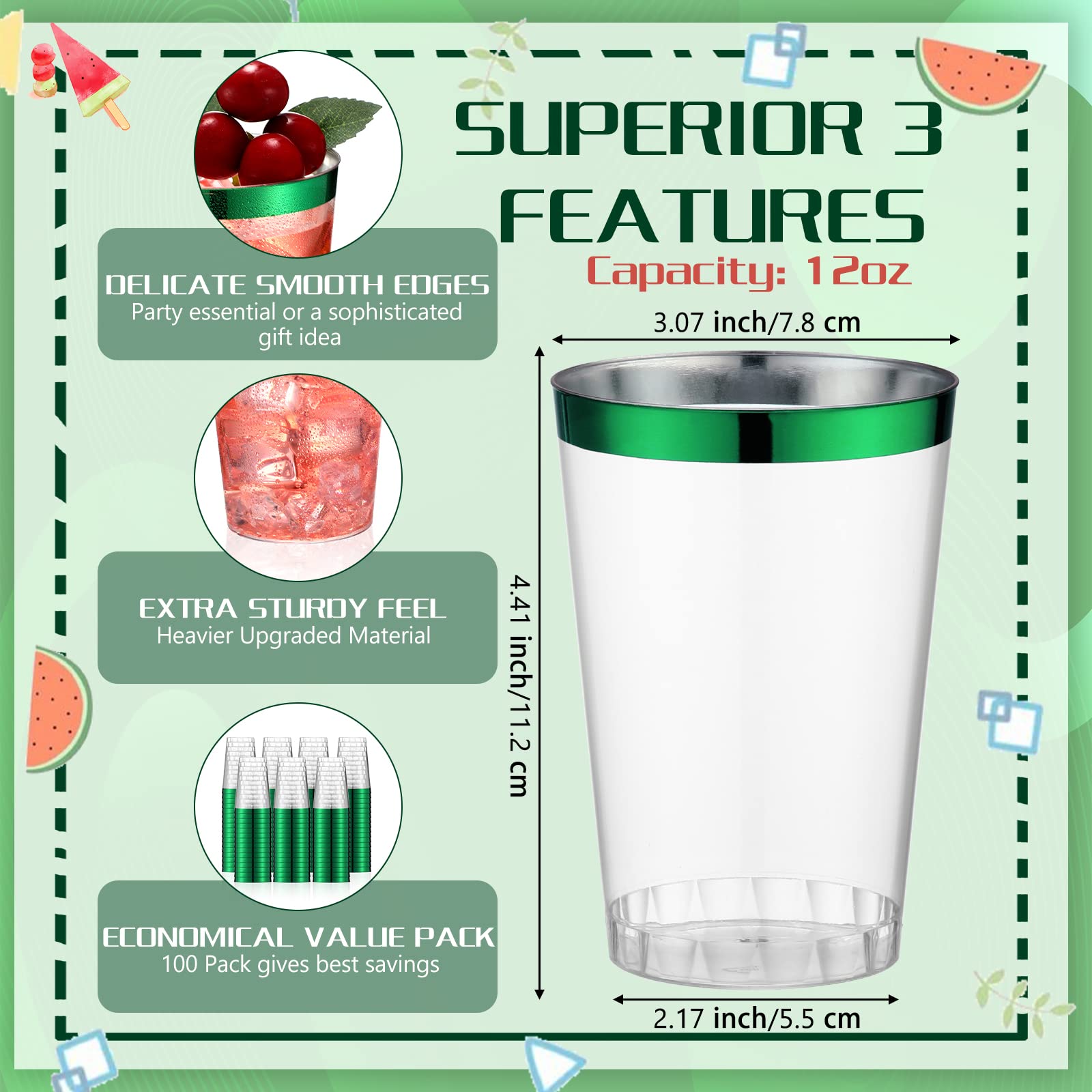 100 Pack 12 oz Clear Plastic Disposable Cups with Rim - Elegant Tumblers for Wine, Coffee & Cocktails - Perfect for Birthday, Wedding & Party Events (Green) - Durable & Stylish Drinkware for Home, Office & Outdoor Gatherings