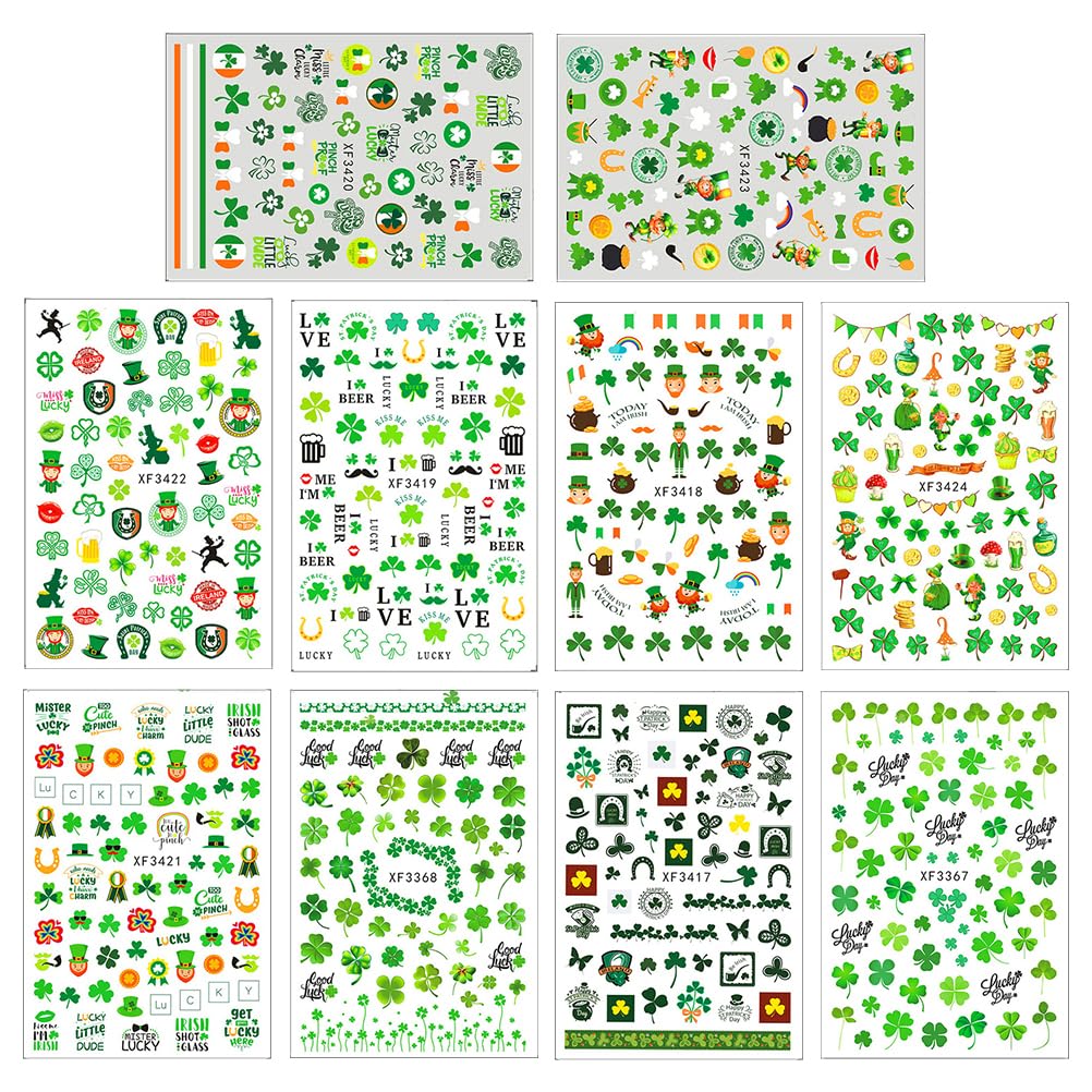Uonlytech 10 Sheets St. Patrick's Day Nail Stickers - Green Nail Art Decals, Self-Adhesive Nail Tips for Manicure, Women & Kids (Perfect for DIY Nail Art, Parties & Festive Celebrations)