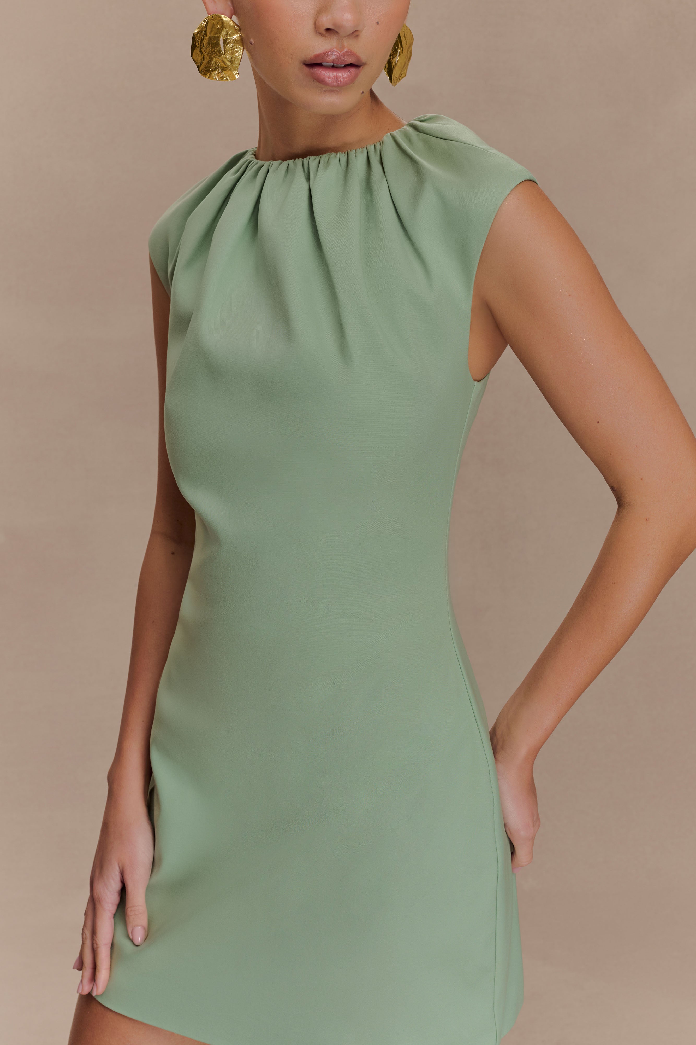 Ariana Pleated Neck Mini Dress in Sage Green - Elegant Summer Party Cocktail Dress for Women, Perfect for Weddings, Dates & Night Out
