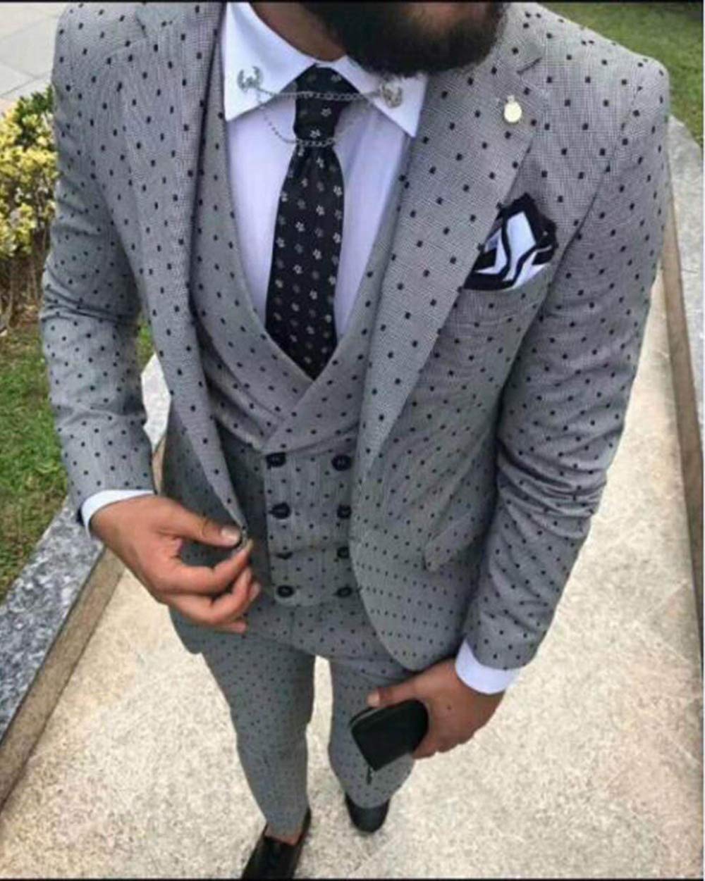 Men's 3-Piece Slim Fit Polka Dot Wedding Suit Set - Tuxedo Blazer, Vest & Pants for Groom, Formal Occasions & Special Events