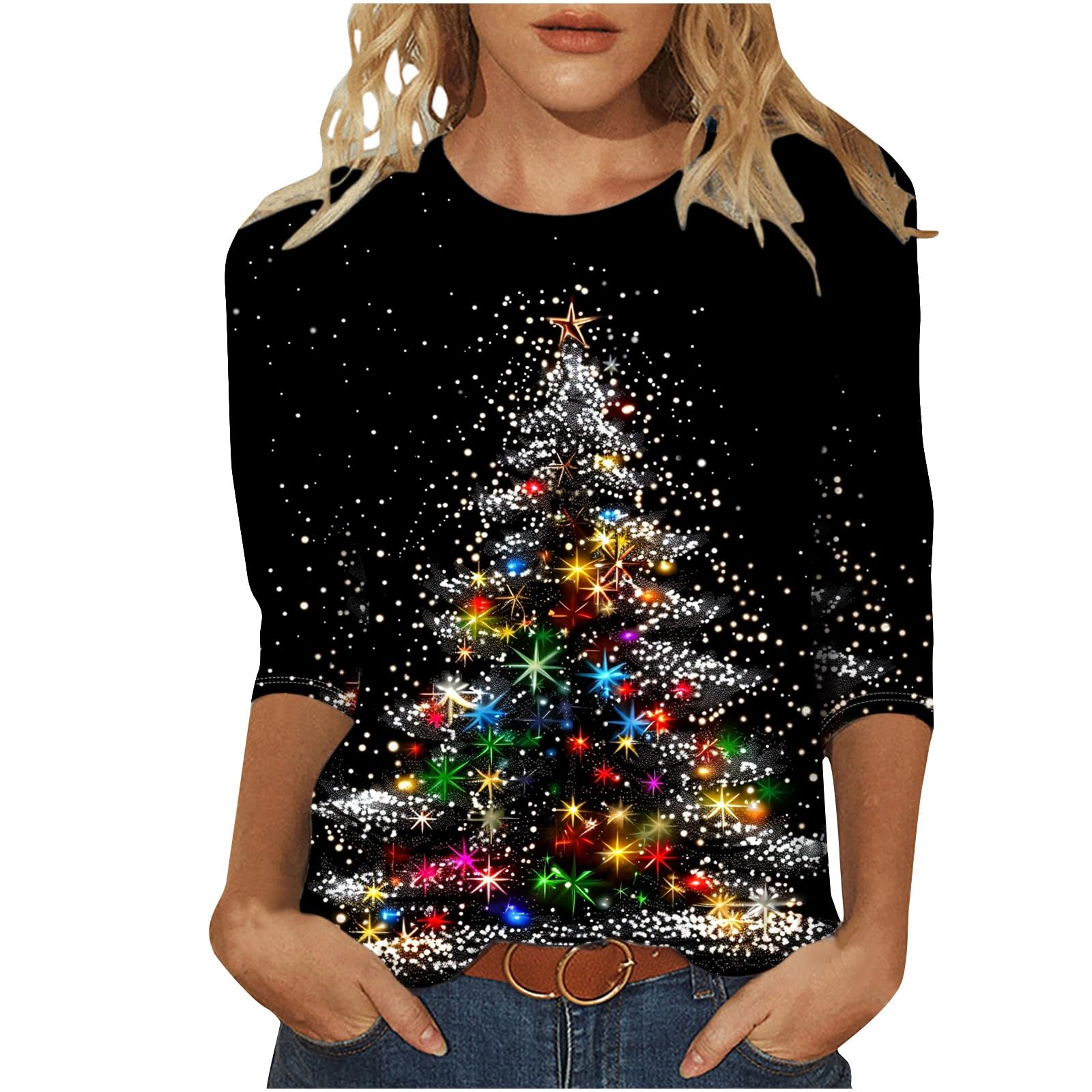 2024 Women's 3/4 Sleeve Christmas Tree Print T-Shirt - Loose Fit Crewneck Holiday Top for Parties, Gifts & Festive Outfits